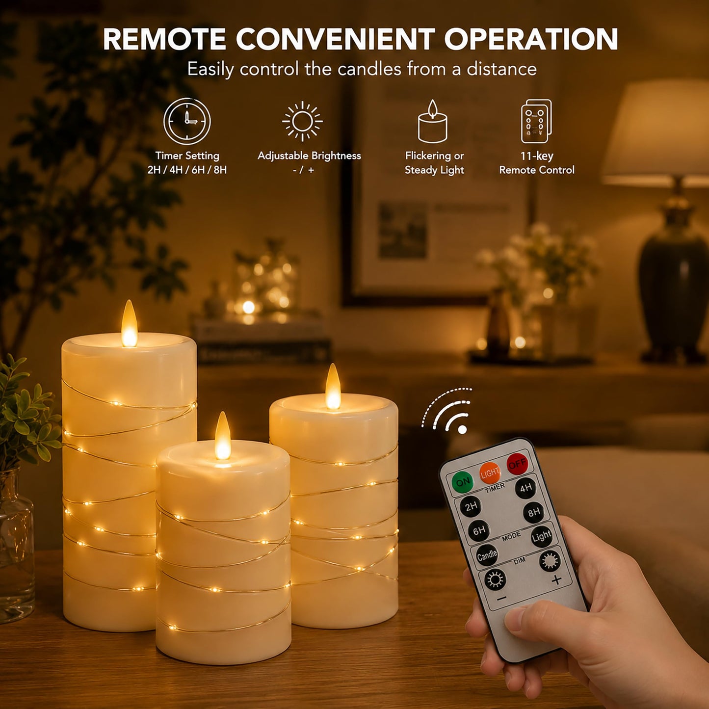 Flickering flameless candles, battery-powered, with string lights, remote control and timer functions, LED pillar candles (3-piece set) in ivory, suitable for home, party, and other decorations