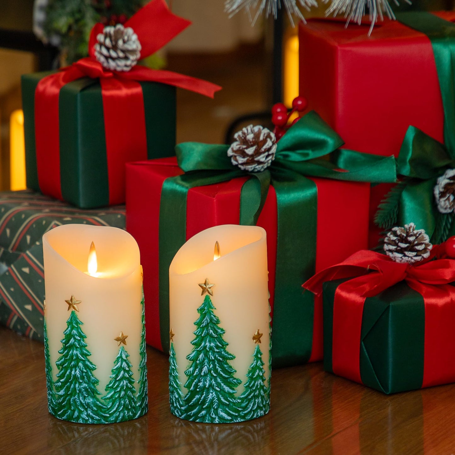 SEHNSY Christmas Tree Flameless Candles with Remote and Timer, Real Wax LED Pillar Candle with Flickering Flame, Embossed Design, Battery Operated Candles Xams Holiday Home Décor