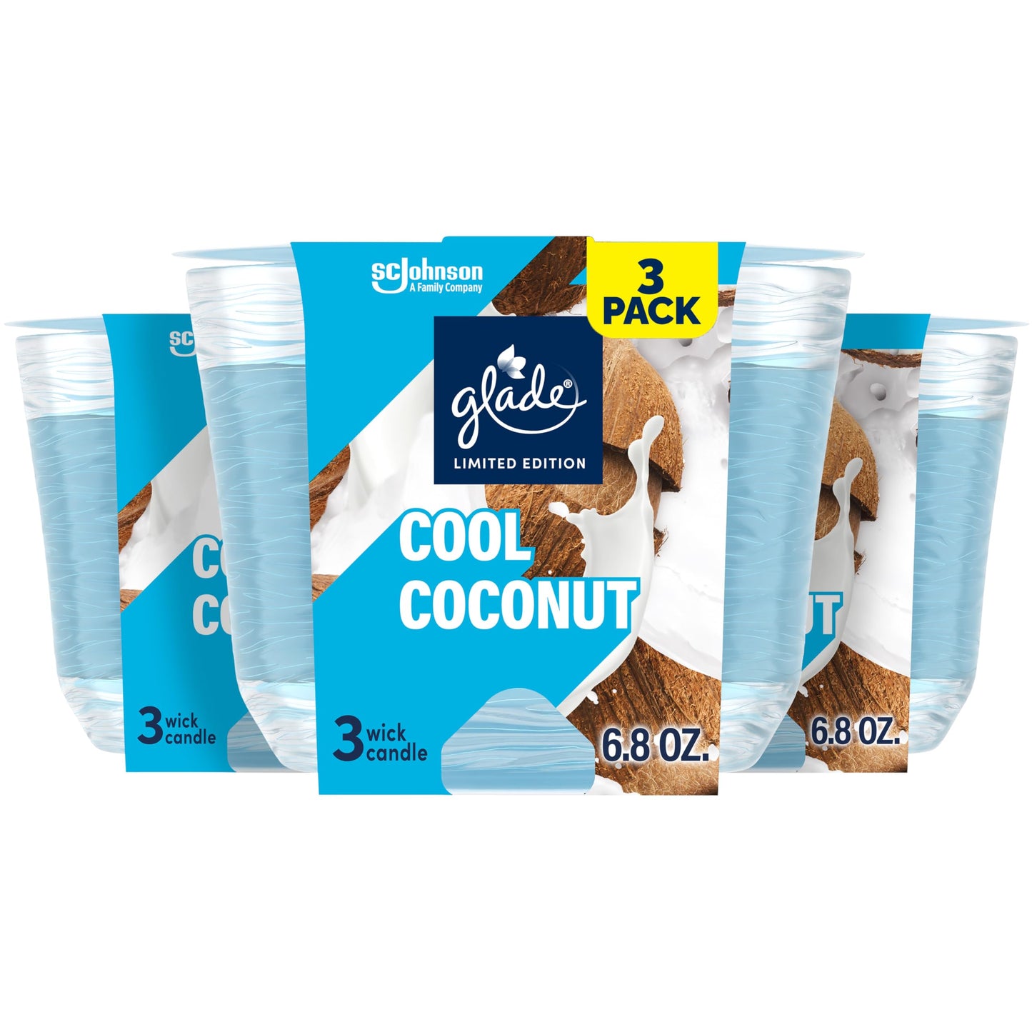 Glade 3-Wick Candle, Cool Coconut Limited Edition, Fragrance Infused with Essential Oils, 6.8 oz