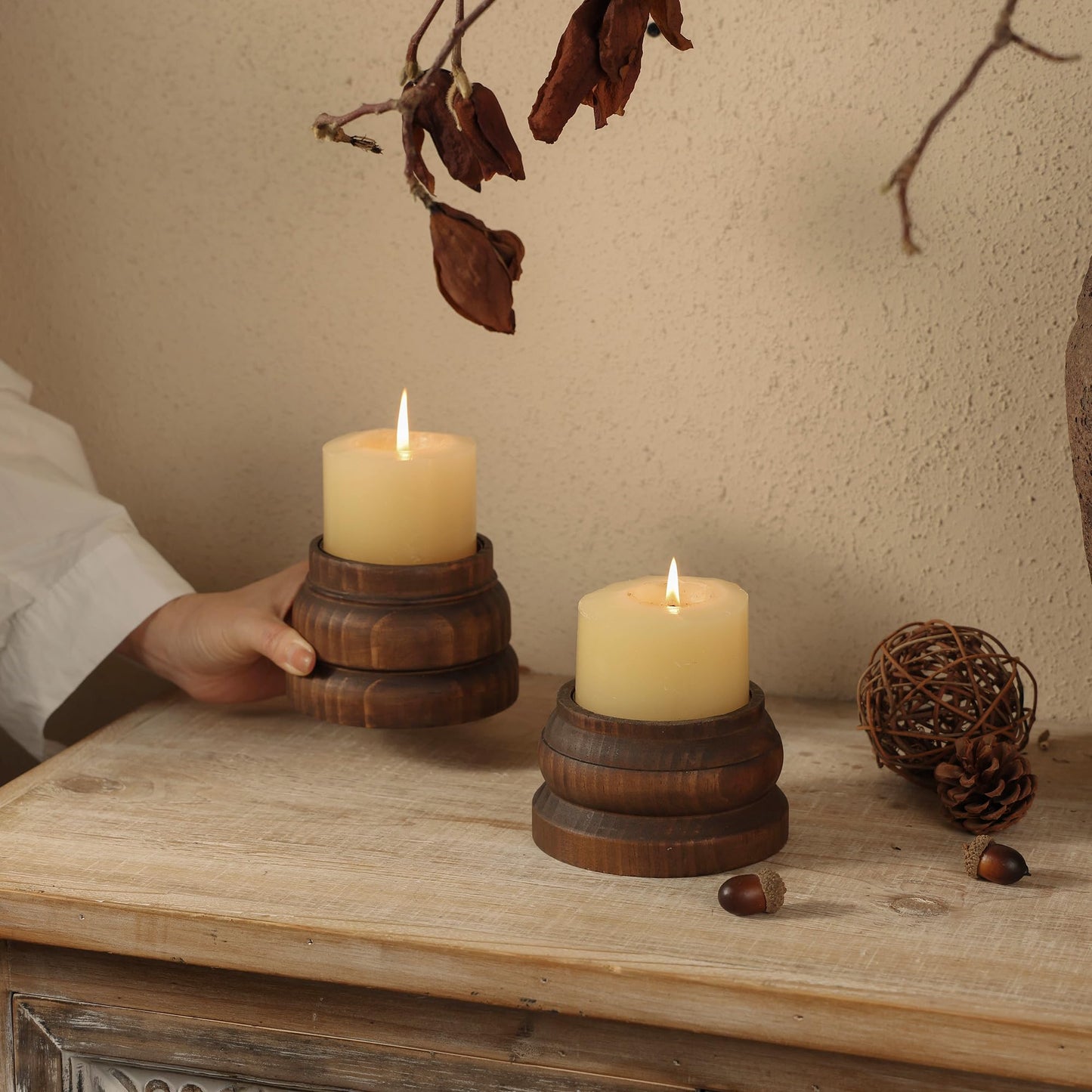 NIKKY HOME Farmhouse Wooden Pillar Candle Holders Set of 2, Rustic Solid Wood Candlesticks Pedestal Stand, Fireplace Mantle Table Centerpiece Decor, Brown