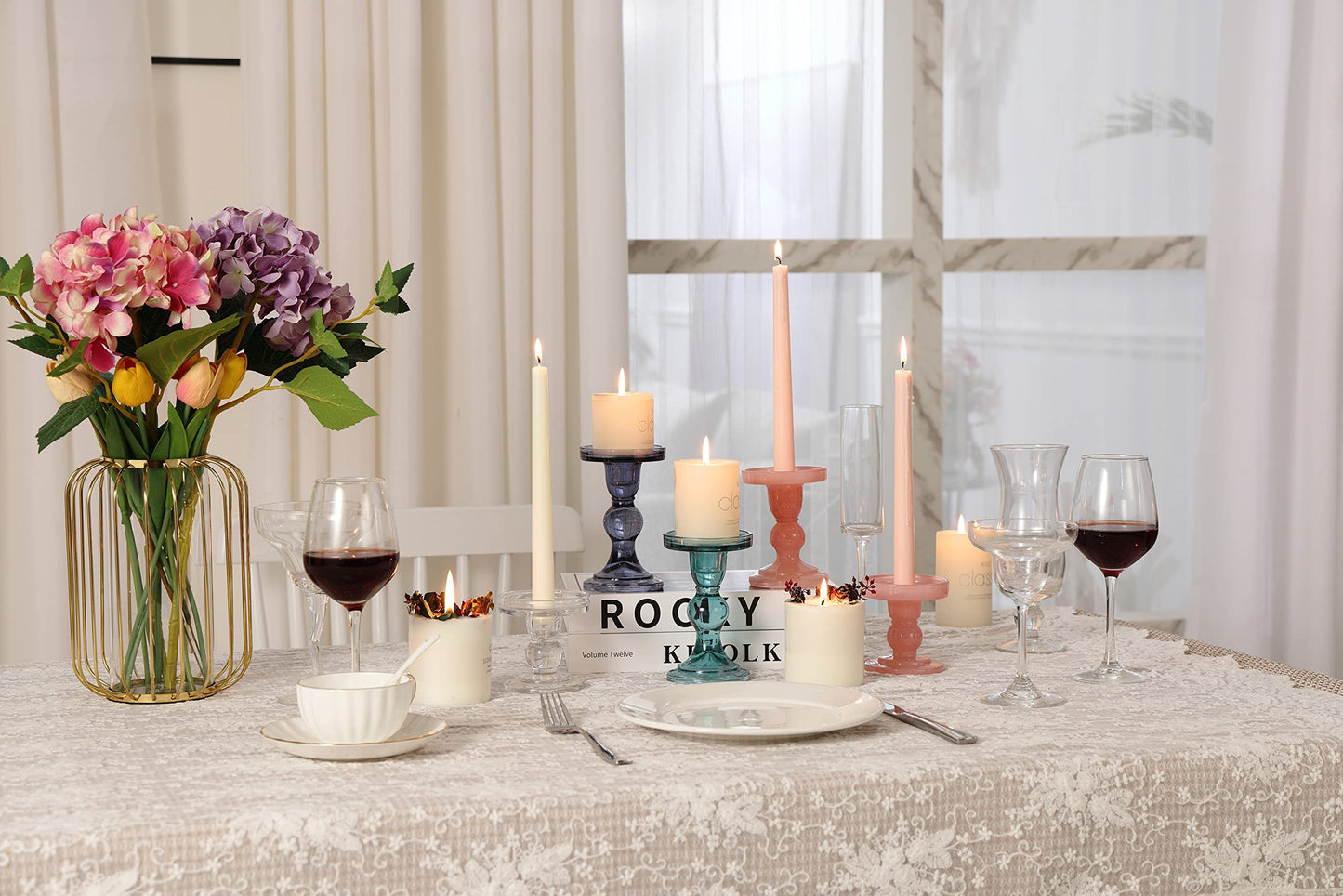 GMWD 3 Pcs Glass Candle Holder Set Clear, Pink Candlesticks Holders Pillar Taper Candles Tealight Stand for Wedding Centerpieces Home Decorations Dining Table