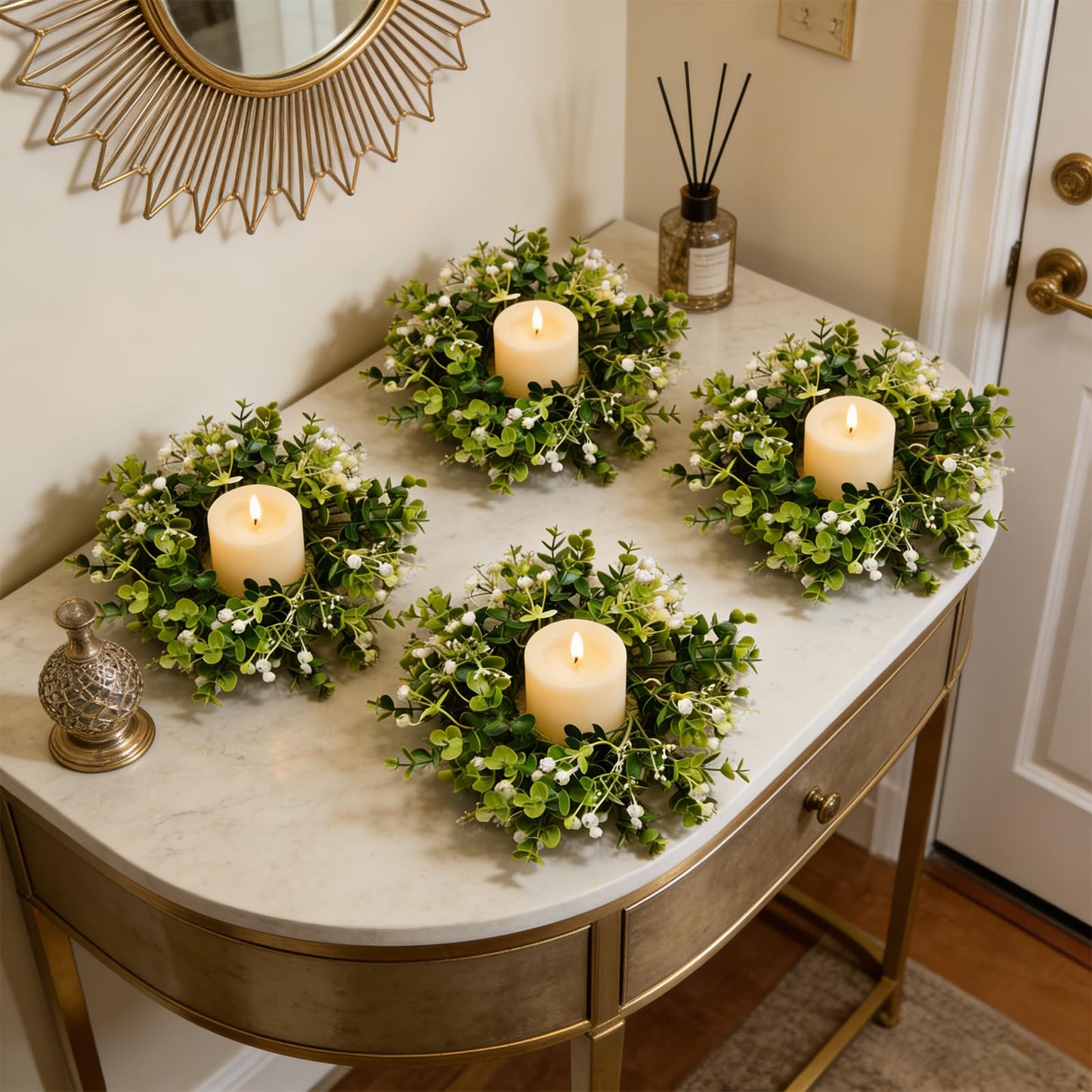 6 Pcs Small Spring Summer Candle Ring Wreaths with Artificial Eucalyptus Greenery White Buds Mini Pillar Candle Holder Wreath for Home Kitchen Cabinets Table Centerpieces Front Door Wedding Decor