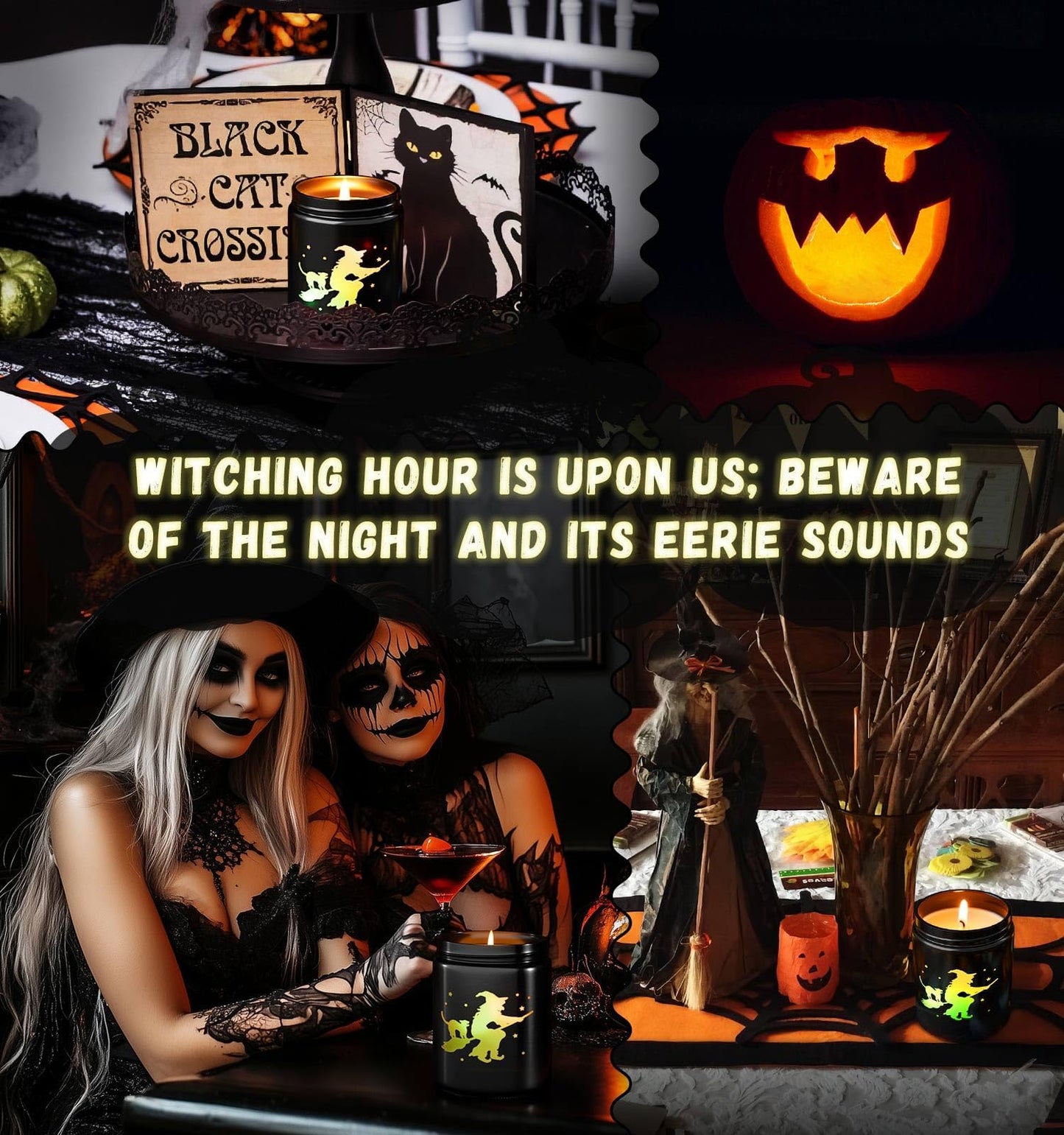 Halloween Decor Indoor-Halloween Gifts Candles for Women with LED Witch, Fall Candles with Apple Cinnamon Scent Over 40 Hours of Burn Time, Gift for Home Fall Decorations Indoor, 100% Soy Wax