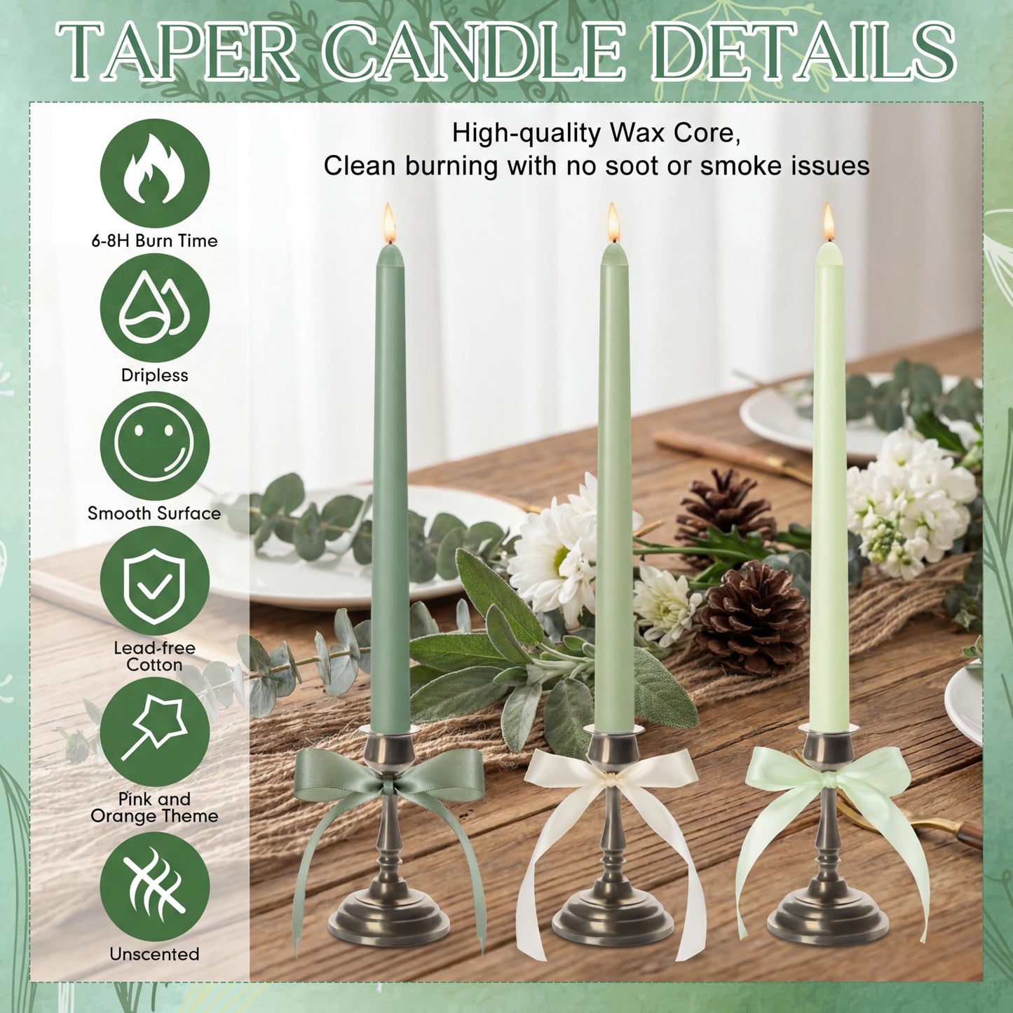Windkream 12 Pcs Sage Green Series Taper Candles with 3 Rolls of Ribbon 10 Inch Candle, Candlestick Decor for Baby Shower, Home, Wedding, Summer, Outdoor Dinner Holiday Party Decor