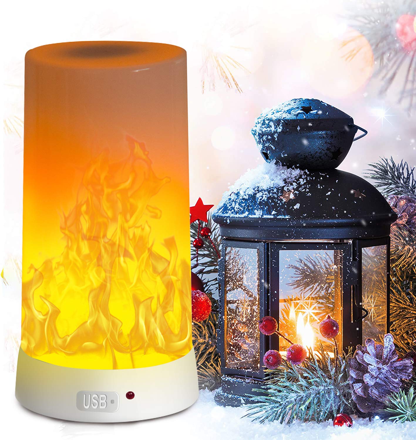PDGROW LED Flame Effect Light, Flame Lamp 4 Modes USB Rechargeable Fire Lights Indoor Campfire Outdoor Decorative Lantern Hanging Lamps Fireplace Romantic Light for Home Party Camping Bar
