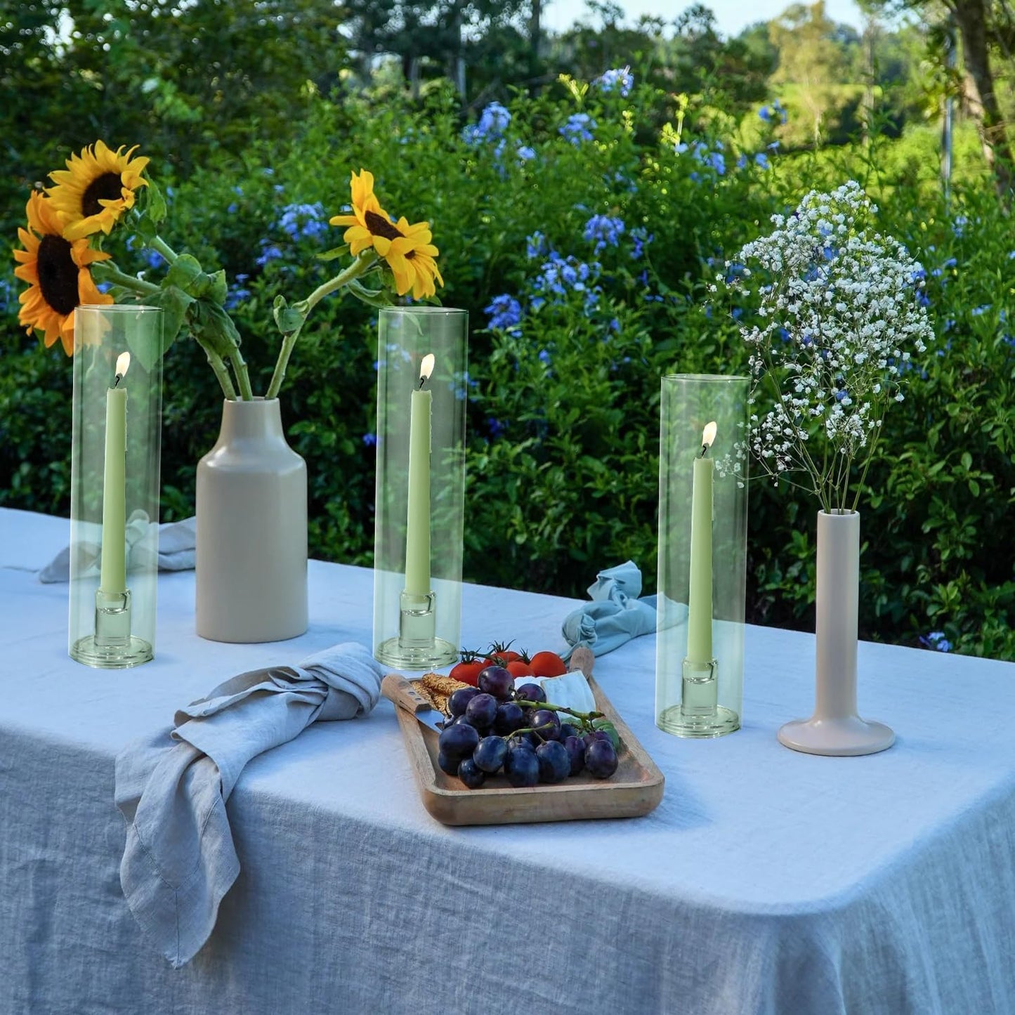 Vixdonos Glass Hurricane Candle Holder Set of 3 Modern Candlestick Holders Long Taper Candle Stand with 11.8 inch Tall Cylinder Windproof Cover for Wedding Party Table Centerpiece Outdoor