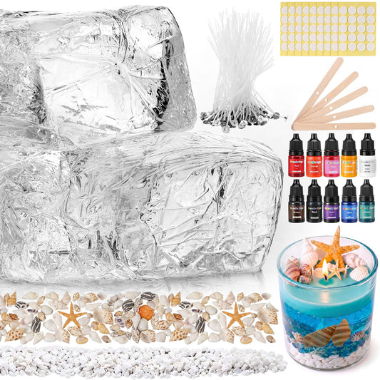 Heigble 6.6 lb Gel Wax for Candle Making Candle Making Kit with Seashells Starfish Pebble Wick Stickers and Liquid Dye and Wooden Wick Device DIY Clear Jelly Make Candles DIY Supplies for Party
