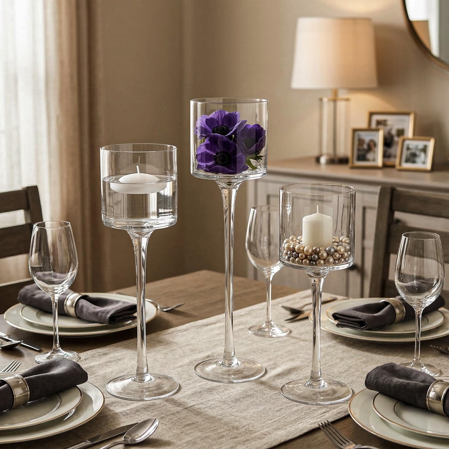 Royal Imports Glass Candleholder Flower Vase, Floating & Pillar Candle Centerpiece Display, Decorative Hurricane on Pedestal for Home or Wedding Set of 3, Clear