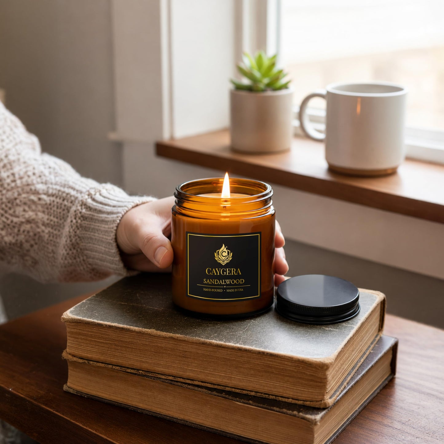 Hand-Poured Candle, Soy Wax Blend Scented Candle, Amber Glass Jar with Lid, Long Burn Time, Small Batch Handmade Home Fragrance Candle for Relaxation & Home Decor (9 Oz, Sandalwood)