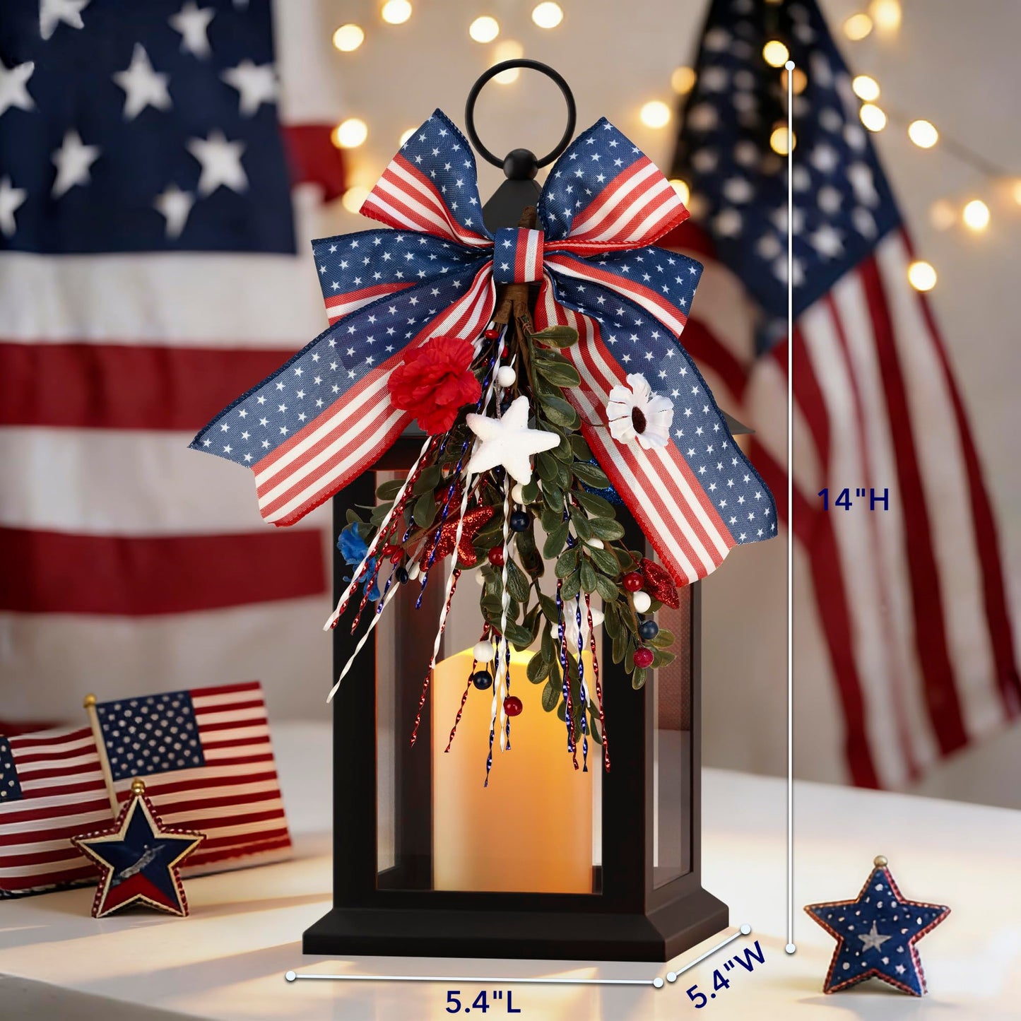 JOHUNT Patriotic Lanterns Decorative Indoor, 14" Black Lantern with Timer Flameless Candle, Battery Operated Waterproof Outdoor Hanging 4th of July Lanterns for Porch, Patio, Patriotic Decorations