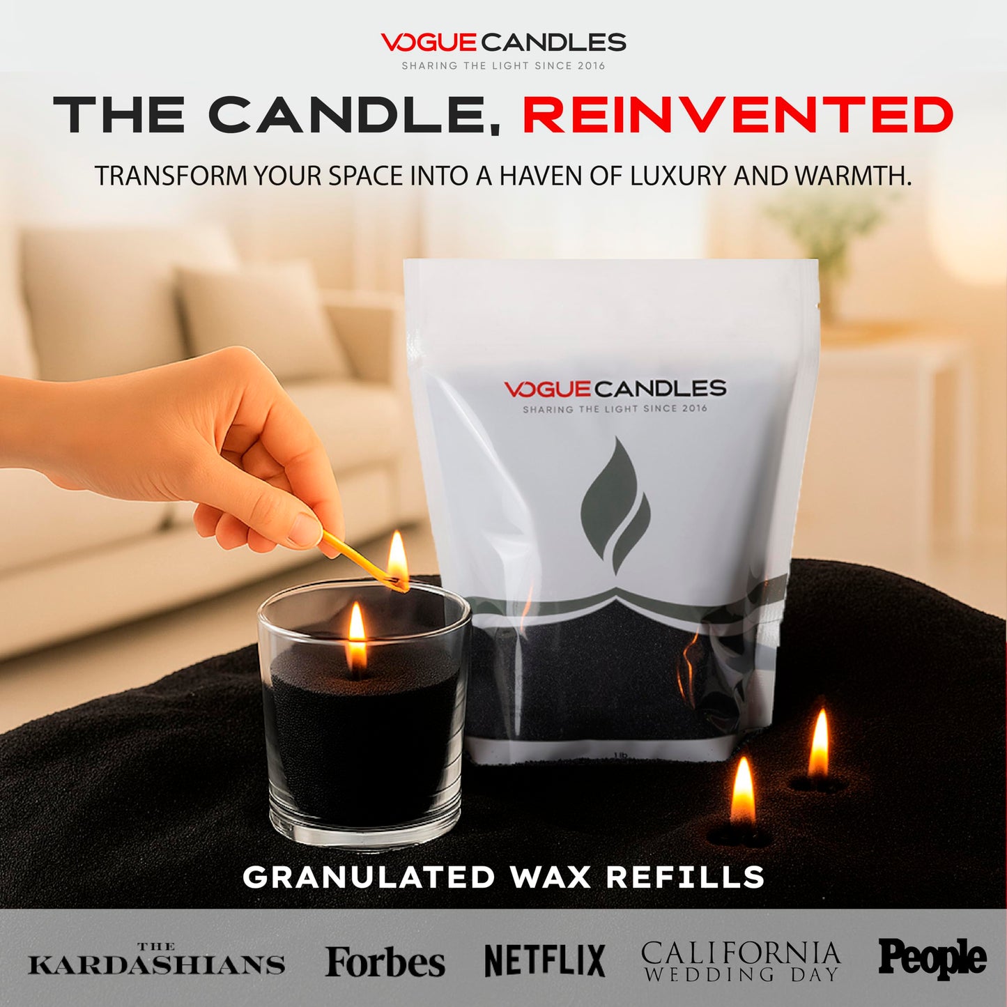 Vogue Candles Black Pearled Candle Sand Wax (1 LB) – Sand Candle Kit with 15 Cotton Wicks for DIY Home Lighting – Plant-Based & Reusable Wax Granules Refill for Custom Vessels, Décor and Dad Gifts