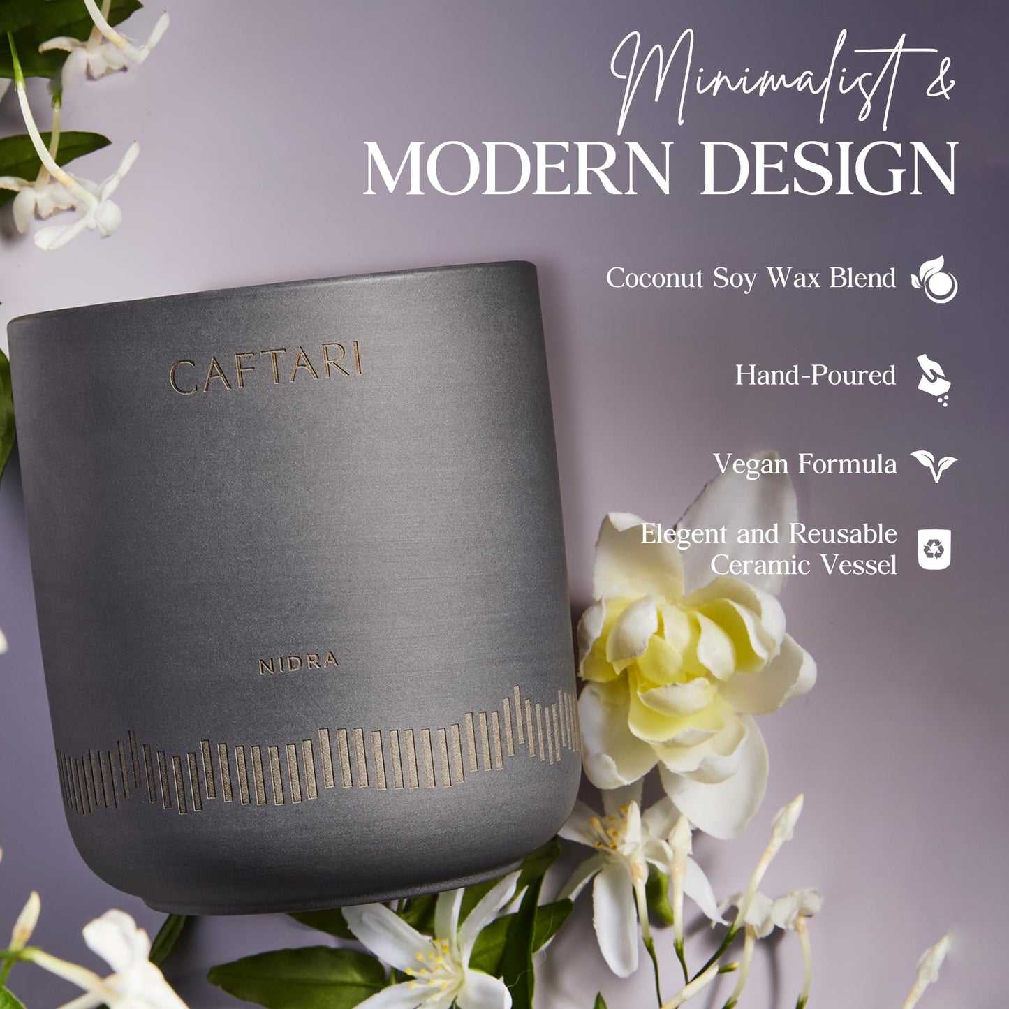 CAFTARI Nidra Scented Candle for Home | Jasmine, Tuberose & Neroli | Non Toxic Candle | Premium Soy Candle | 60-Hour Burn | Vegan Aromatherapy | Elegant Ceramic Jar | Luxury Gift | 10.5