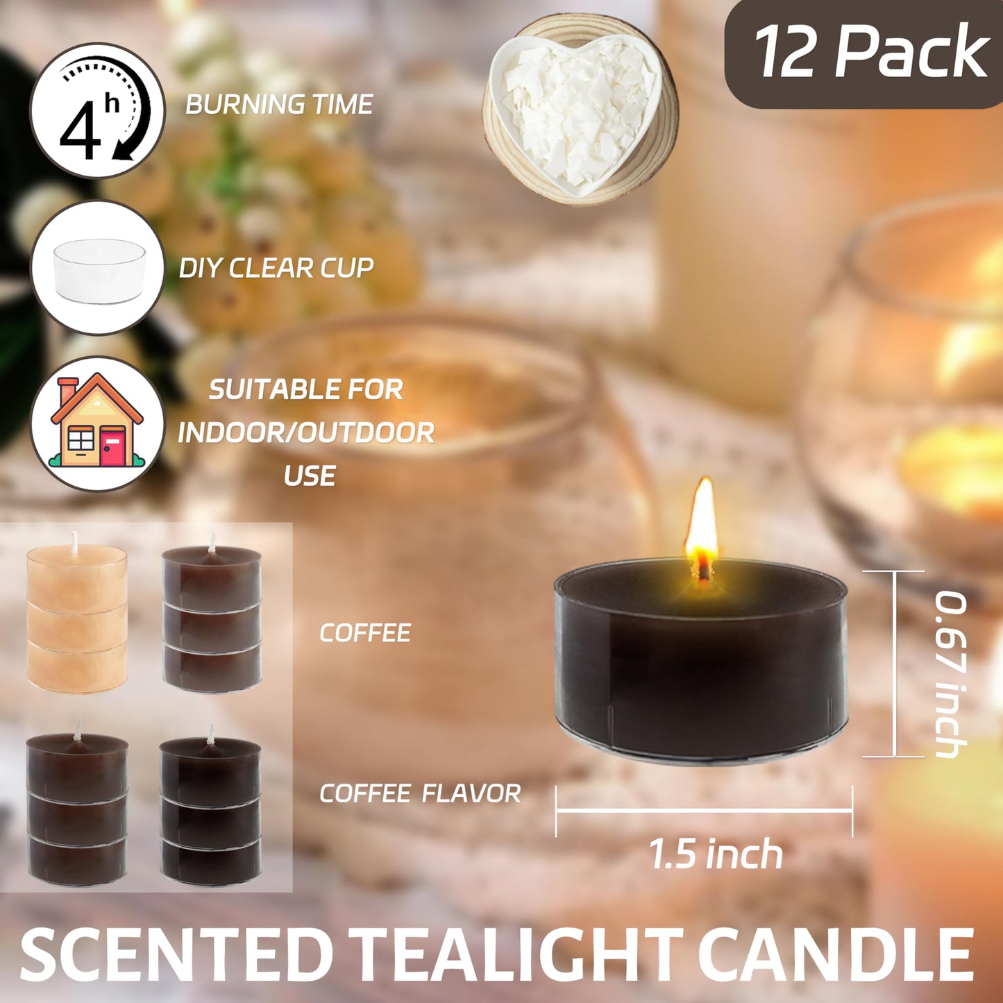 Gradient Brown Tealight Candle Coffee Scented Tealight Candles 12 Pack Hand Poured Smokeless 4 Hour Clean Burning Round Tea Lights for Morning Coffee Ritual Breakfast Table Kitchen Counter
