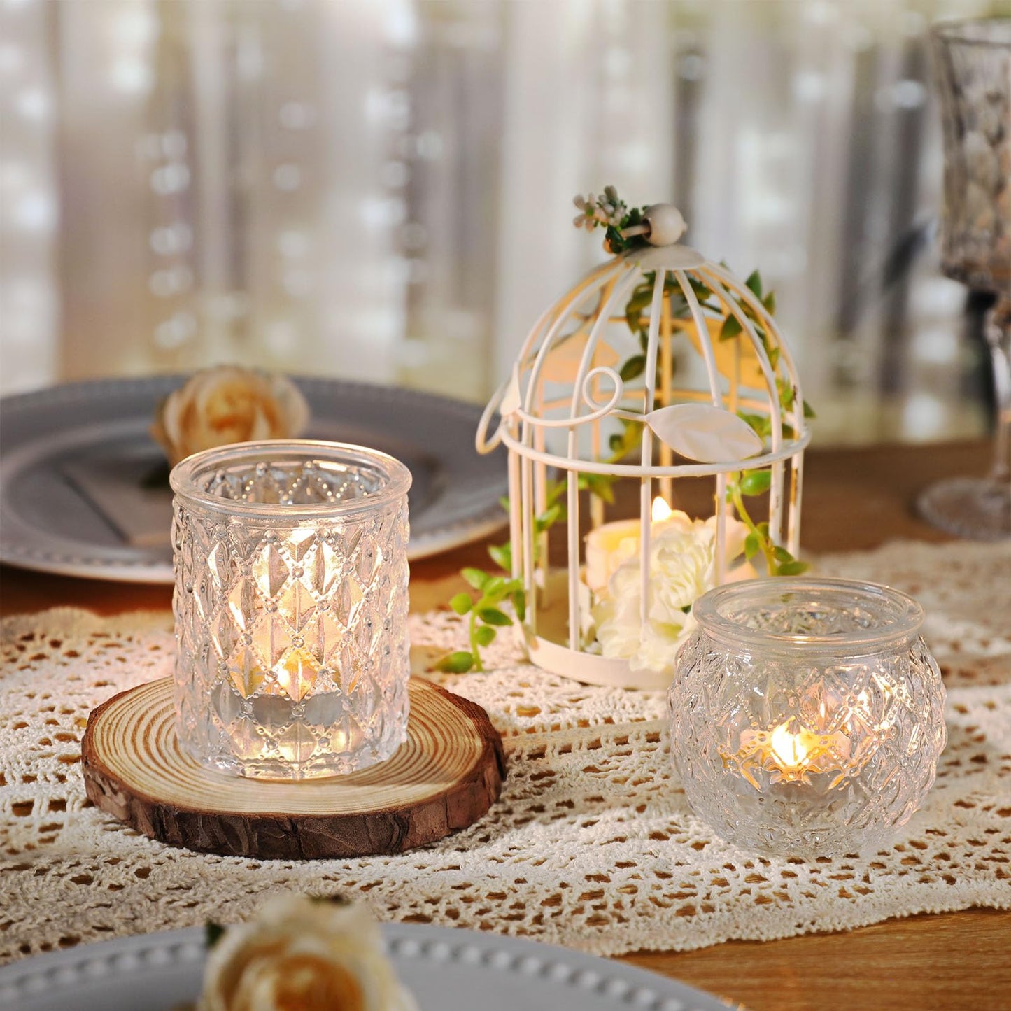DARJEN Clear Votive Candle Holders Set of 24- Round Glass Candle Holders Bulk for Tea Light Candle, Embossed Candle Votives for Wedding Centerpiece, Various Parties & Home Decor