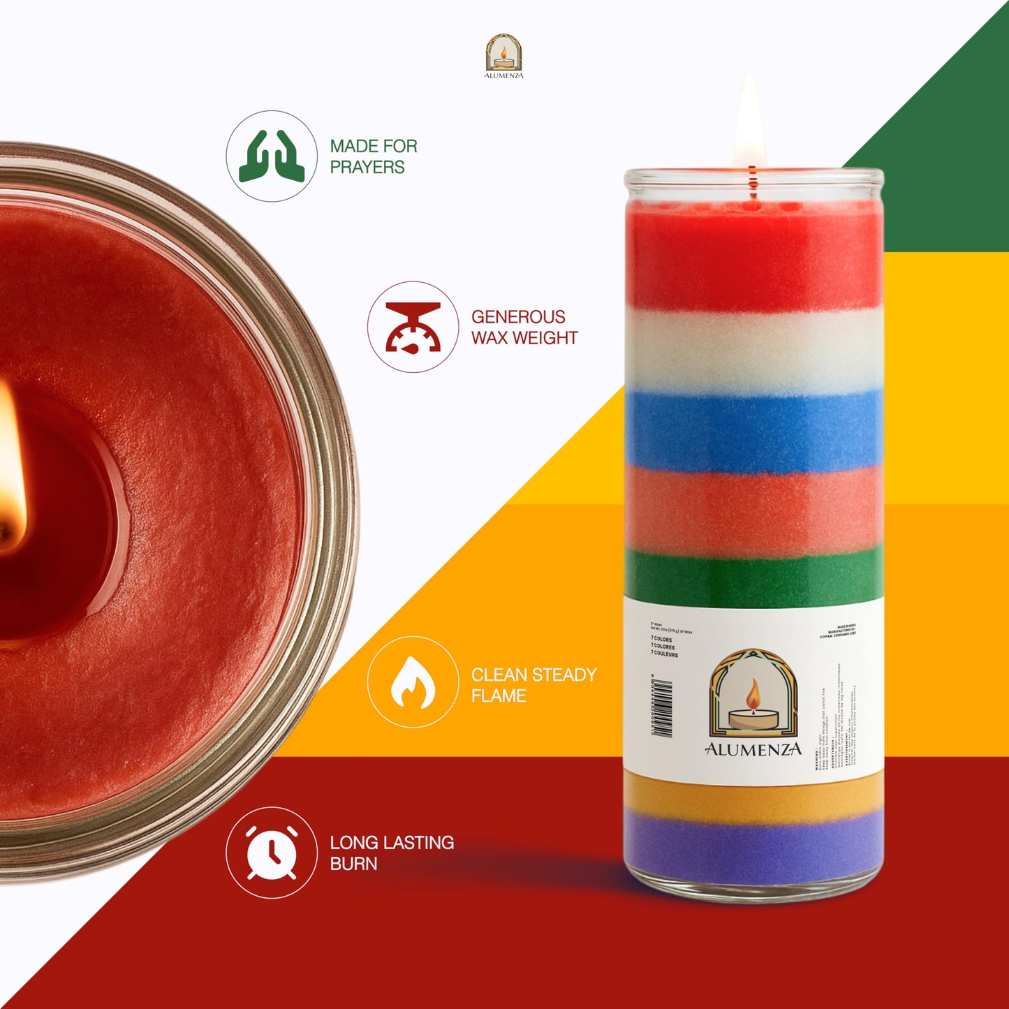 Alumenza 7 Day Candle in Glass Jar – Clean Burning Unscented – Large & Tall Devotional Prayer Pillar Candles for Home, Memorial, Rituals, Spells, Baptisms, Long Lasting (7 Color, Pack of 6)