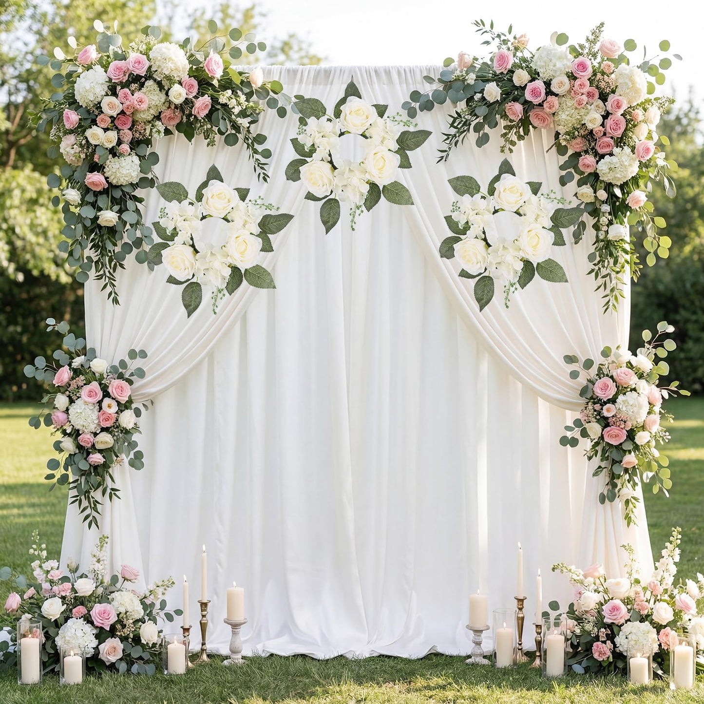 UUXX 4PCS Candle Rings, Floral Candle Wreath Rings, Silk Roses Hydrangea Flowers Candle Wreaths Rings for Table Centerpieces Wedding Valentine's Day Party Decor (Cream White)