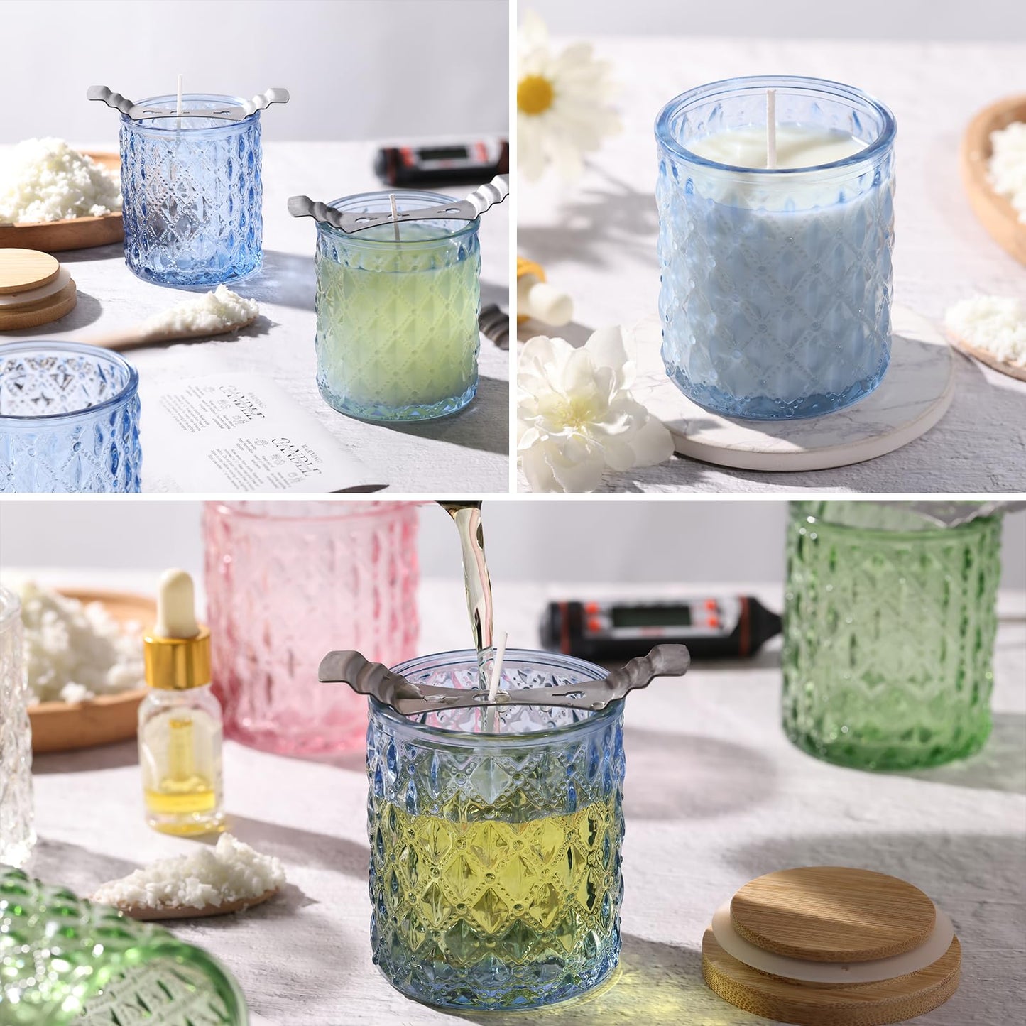 NITIME 15pcs 7.5oz Blue Candle Jars for Making Candles, Glass Candle Vessels with Bamboo Lids and Sticky Labels, Candle Containers for Making Candles and Candle Making Supplies