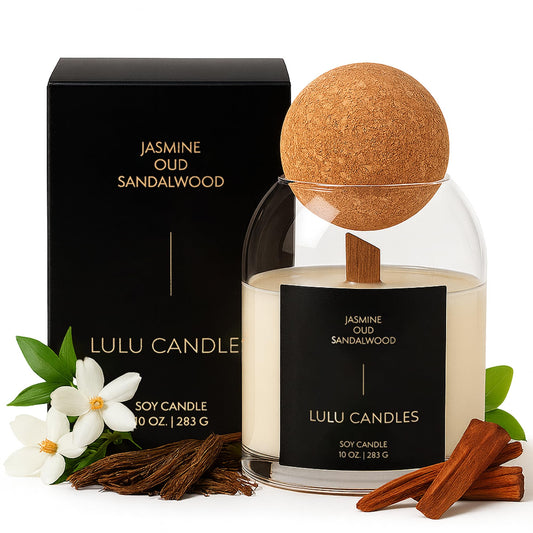 Lulu Candles | Jasmine, Oud & Sandalwood | Luxury Scented Soy Jar Candle | Hand Poured in The USA | Highly Scented Long Lasting | Wood Wick (10 Oz. Cork)
