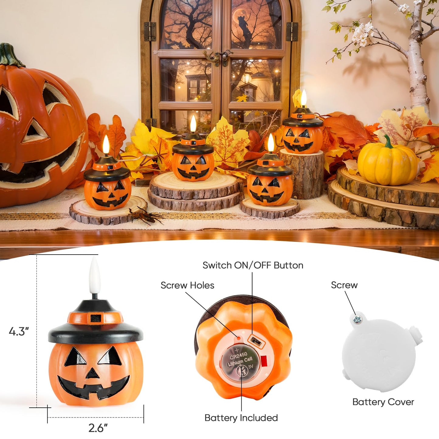 Homemory Real Wax Pumpkin Candles, 2 Pcs Flickering Flameless Candles with 6hrs Timer, LED Halloween Pumpkin Lamp, Battery Operated Lights for Home Halloween Decor, Theme Party, Orange
