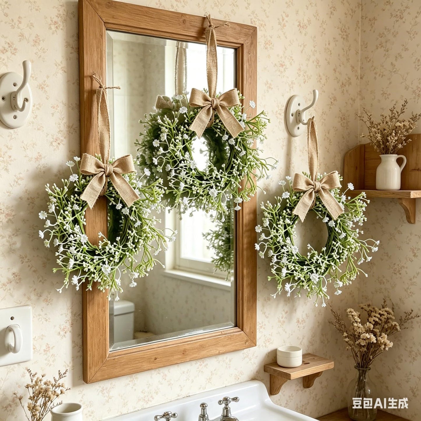12 Pcs Mini Baby Breath Hanging Wreaths Gypsophila Candle Rings Pillar Holder Wreath Artificial Flower Spring Summer Floral Wreath for Wedding Farmhouse Porch Cabinets Table Decoration