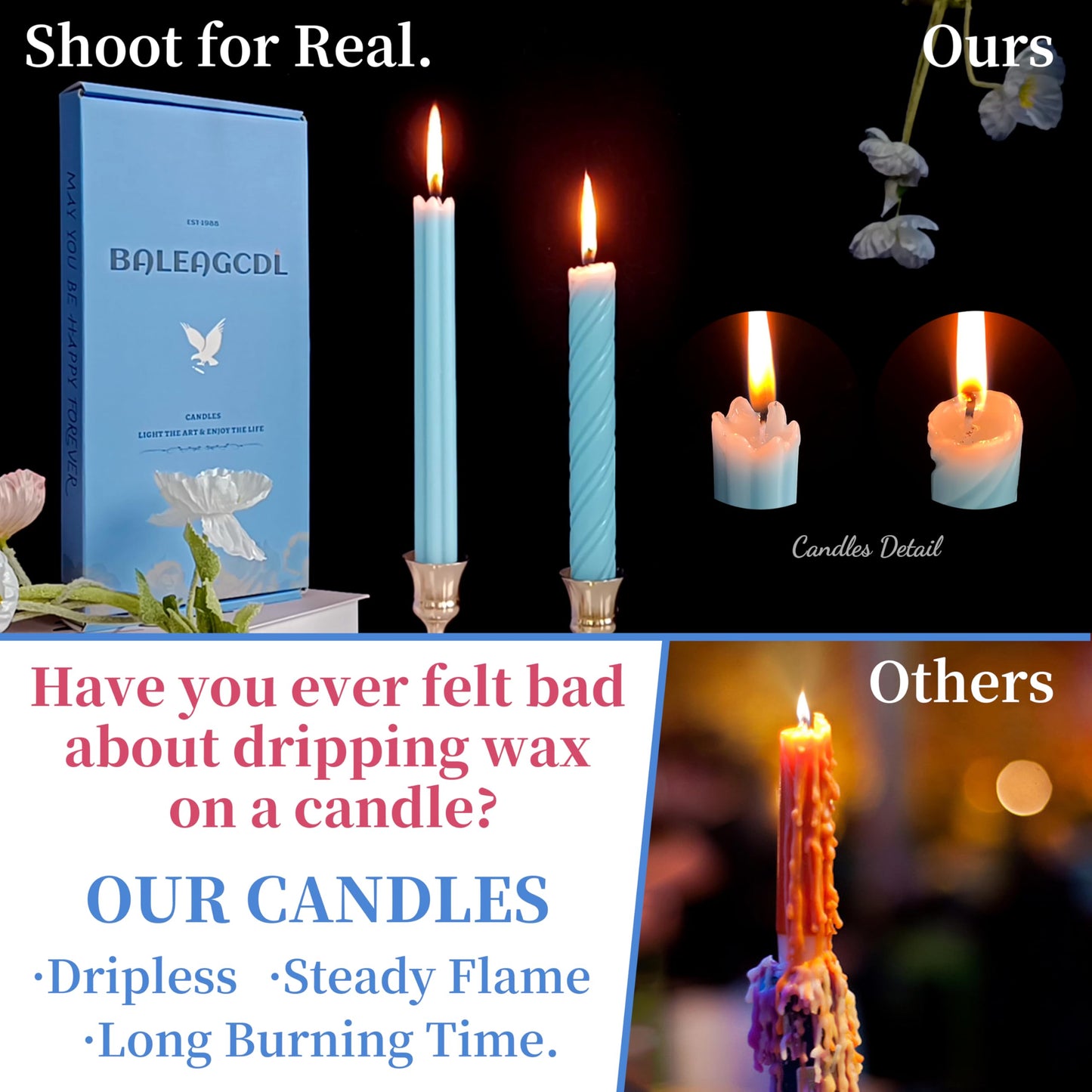 Dripless Blue Spiral Taper Candles Smokeless Long Lasting Burn10 Inch Roman Column Candlesticks for Home Décor Dinner Parties Romantic Evenings