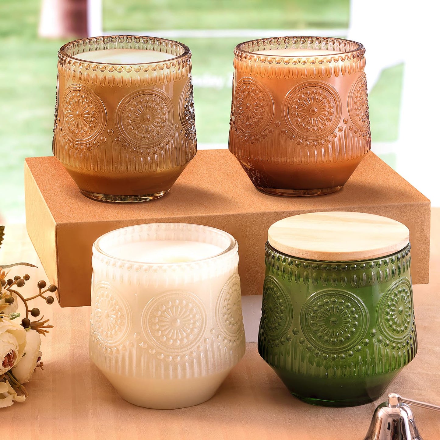 LAMORGIFT 6 Pack Amber Candle Jars for Making Candles- Large 13.5oz Glass Jars with Wooden Lids and Labels, Empty Candle Jars, Candle Containers Vessels for Candle Making Supplies