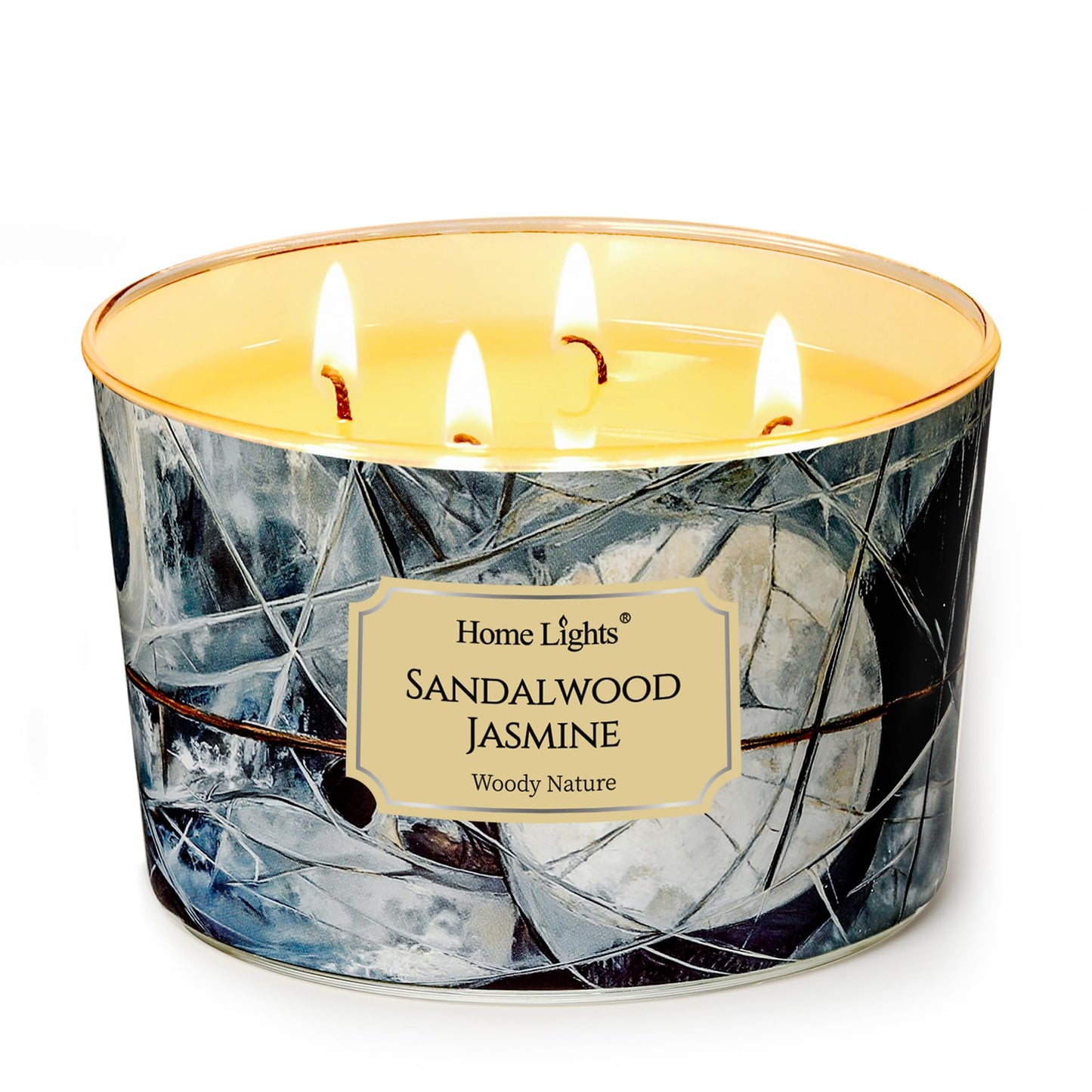 HomeLights Soy Wax Candles for Home Scented, 4-Wick Candles in Sandalwood Jasmine Scented, Industrial Chic Aromatherapy Candles Gift for Parties, Relaxing, 18oz