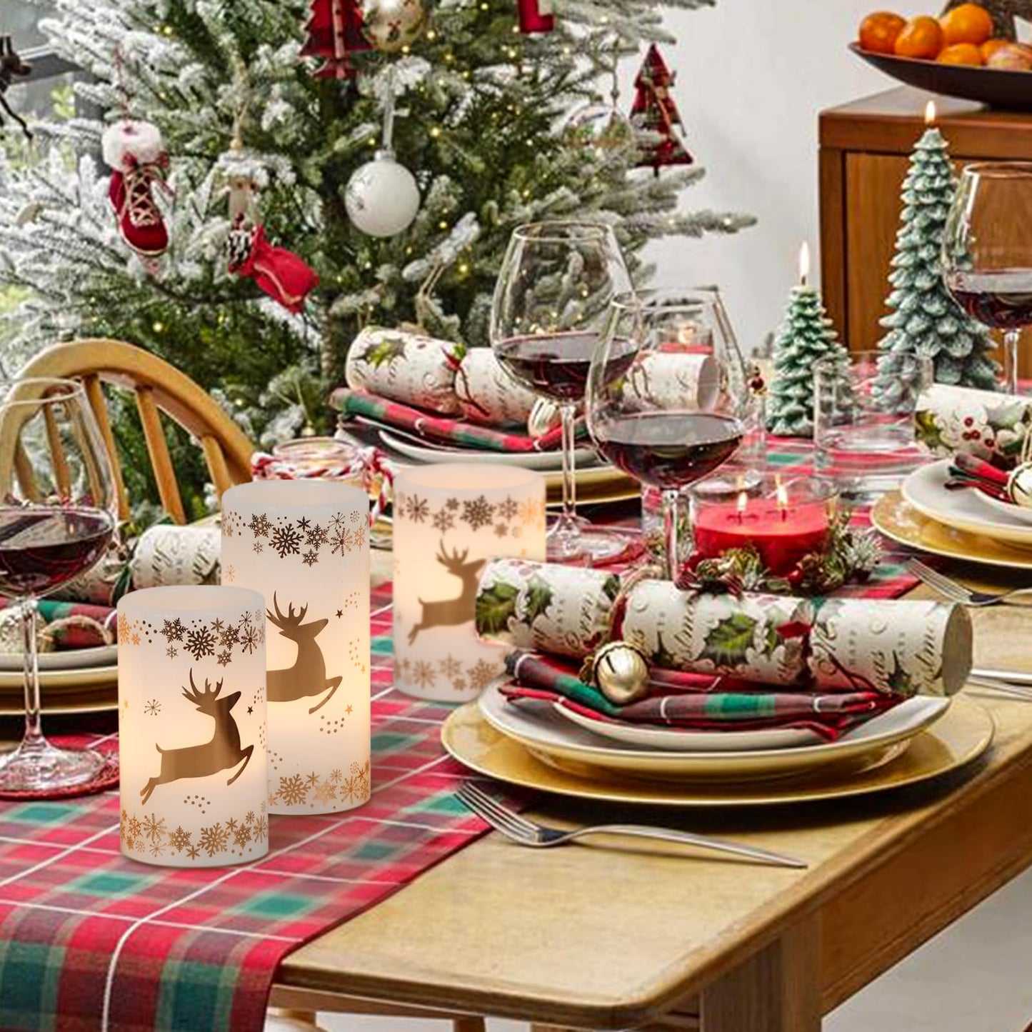 Lasumora Christmas Flameless Candles with 6H Timer, Real Wax LED Pillar Candles Flickering, Snowflake Golden Reindeer 3D Wick Candles for Home Décor Christmas Gifts, 3x4/5/6 inches