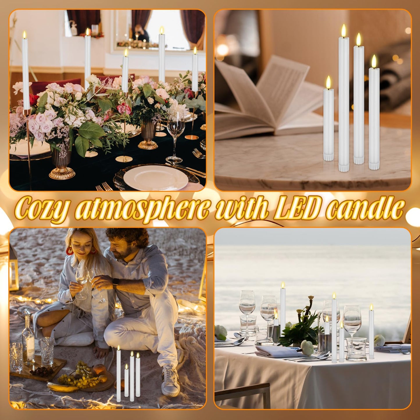 Rossesay 20 Pcs Flameless LED Taper Candles Battery Operated Taper Candles 5 Sizes of 6.5'', 7.7'', 8.8'', 10.0'', 11.2'' Flameless Candlesticks Flickering with 3D Flame for Wedding (White)
