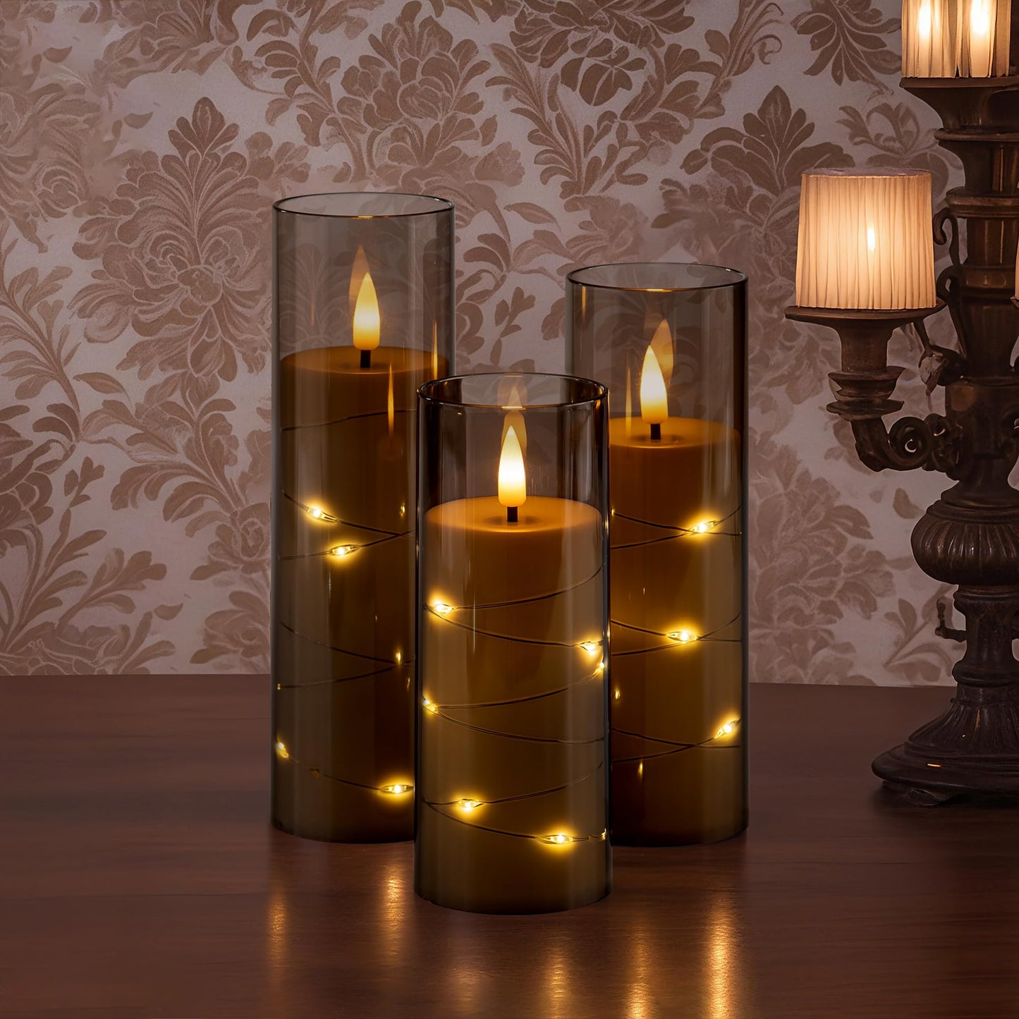Pandaing 18 Pack Flameless Battery Operated LED Candles with Remote and Timer, Flickering Candles with Embedded Star String for Romantic Ambiance and Home Decoration, Stable Acrylic Shell (Grey)