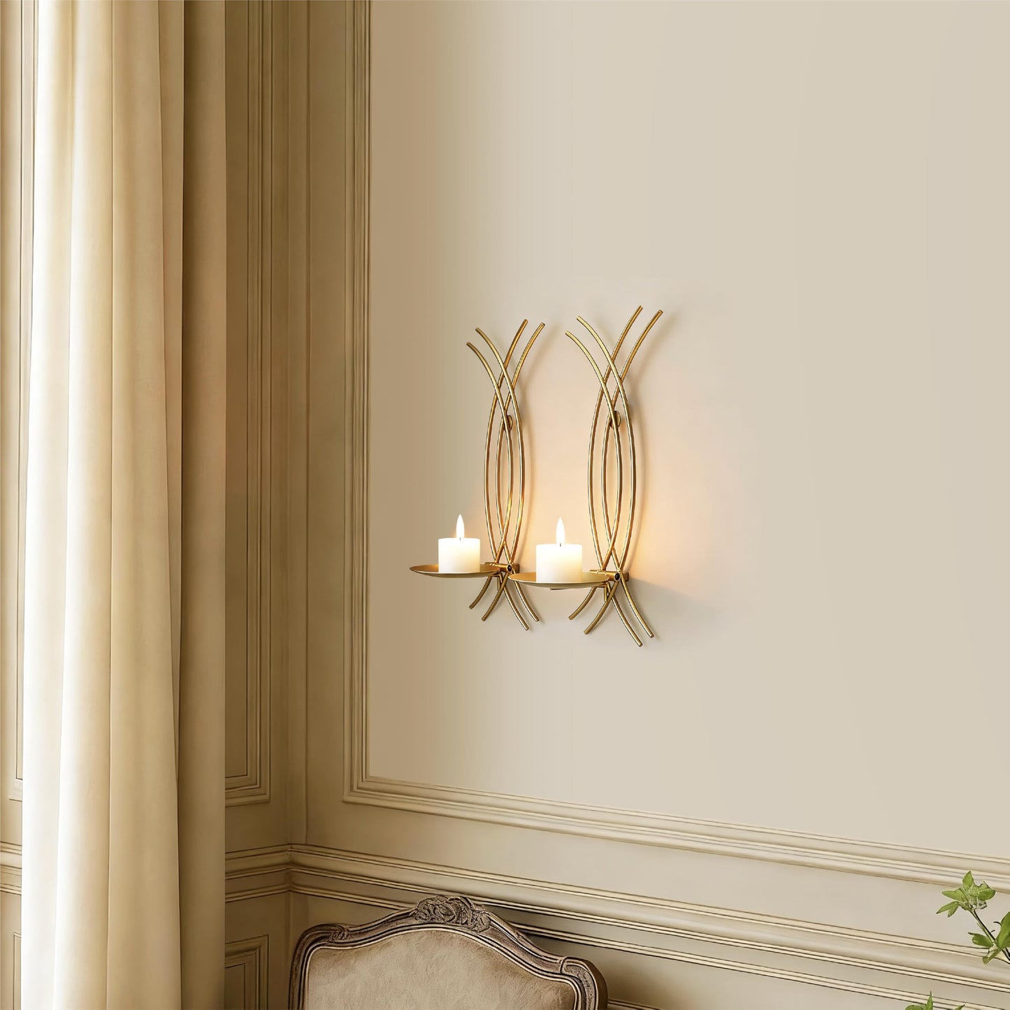 SEICASAYA Wall Sconce Candle Holder Set of 2, Modern Forged Metal Iron Decorative Wall Art for Living Room (Gold)