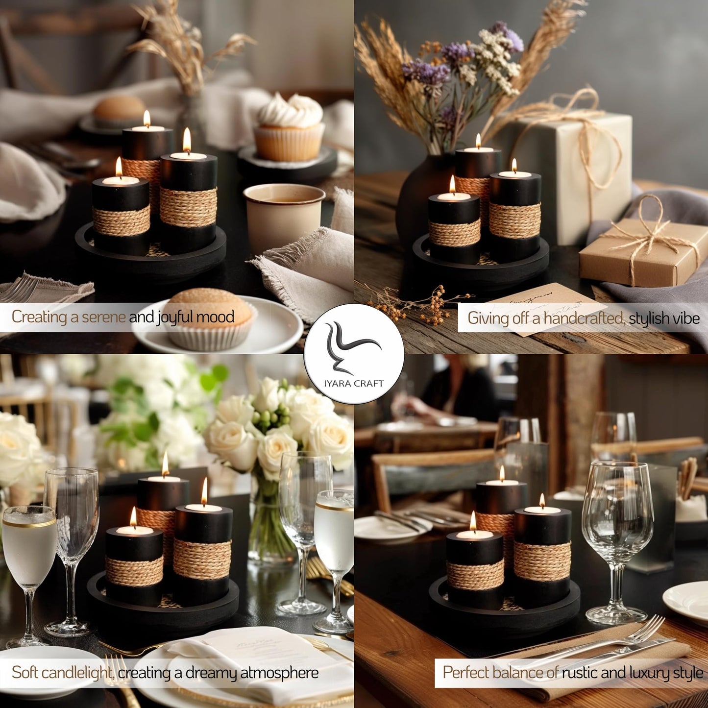 IYARA CRAFT Tealight Candle Holders with Tray – Set of 3 Rustic Black Wooden Candle Holders with Natural Rope Accent, Cozy Centerpiece for Romantic Dinner Table Decor, Anniversary & Housewarming Gifts