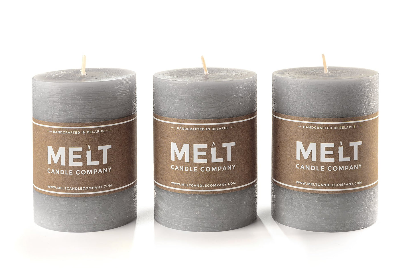 Melt Candle Company Set of 3 Pillar Candles 3" x 4" Unscented Handpoured Weddings, Home Decoration, Restaurants, Spa, Church Smokeless Cotton Wick - Grey
