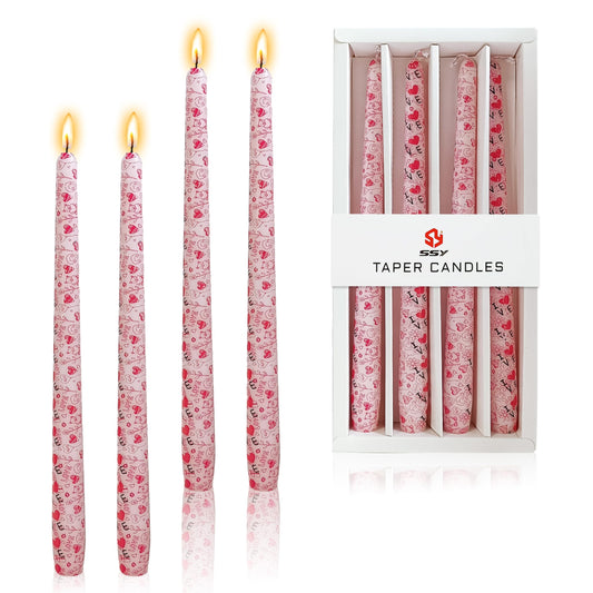10 Inch Printed Candle Love Pattern Smokeless Unscented Candle Sticks Suitable for Anniversary Express Love Evening Wedding, Bohemian Seaside Theme Home Decor, 4 Pack