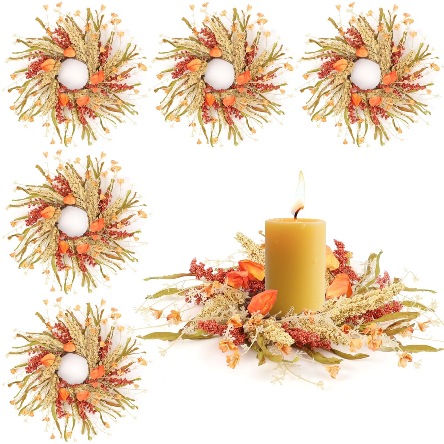 6 Pcs Fall Candle Rings 9 inch Thanksgiving Autumn Wreaths with Flowers for Tables Artificial Farmhouse Candle Rings Wreath for Front Door Porch Wall Window Decorations