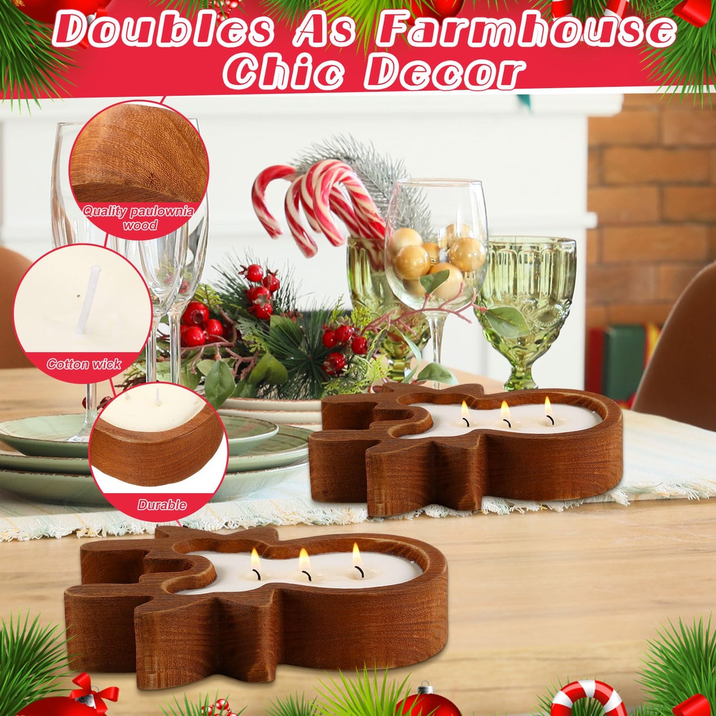 MTLEE 2 Pack Christmas Wood Dough Bowl Candle Deer Wooden Candle Bowl 3 Wick Xmas Farmhouse Decoration with Berries Pine Label for Christmas Table Centerpiece Birthday Gift Home Party Decor