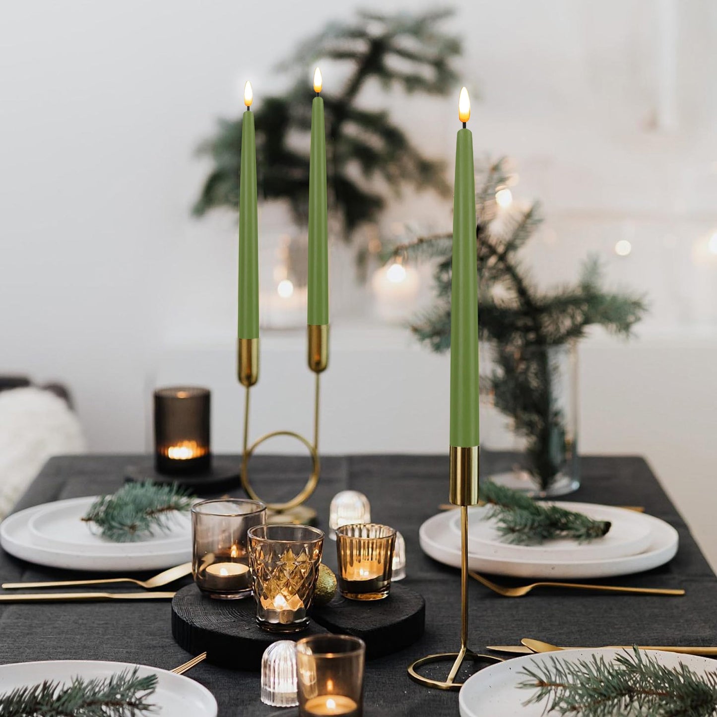 CVHOMEDECO. Flameless Taper Candles with 10-Key Remote, Battery Operated Led Flickering 3D Wick Window Candles Real Wax Finished Home Christmas Party Decor 0.78 x 11 Inch, Pack of 3, Sage Green