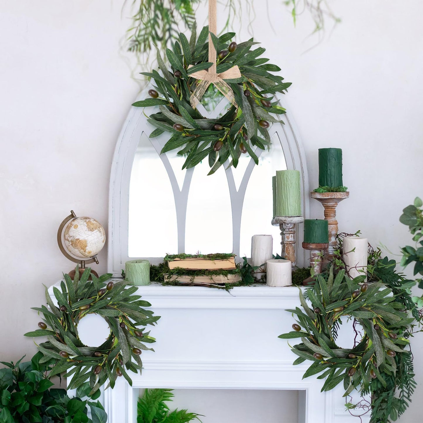 4 Pcs Artificial Green Olive Candle Rings Wreaths Greenery Wreath with Olive Leaves Spring Summer Kitchen Cabinet Wreath for Pillars Farmhouse Festival Wedding Celebrations Tabletop Decoration