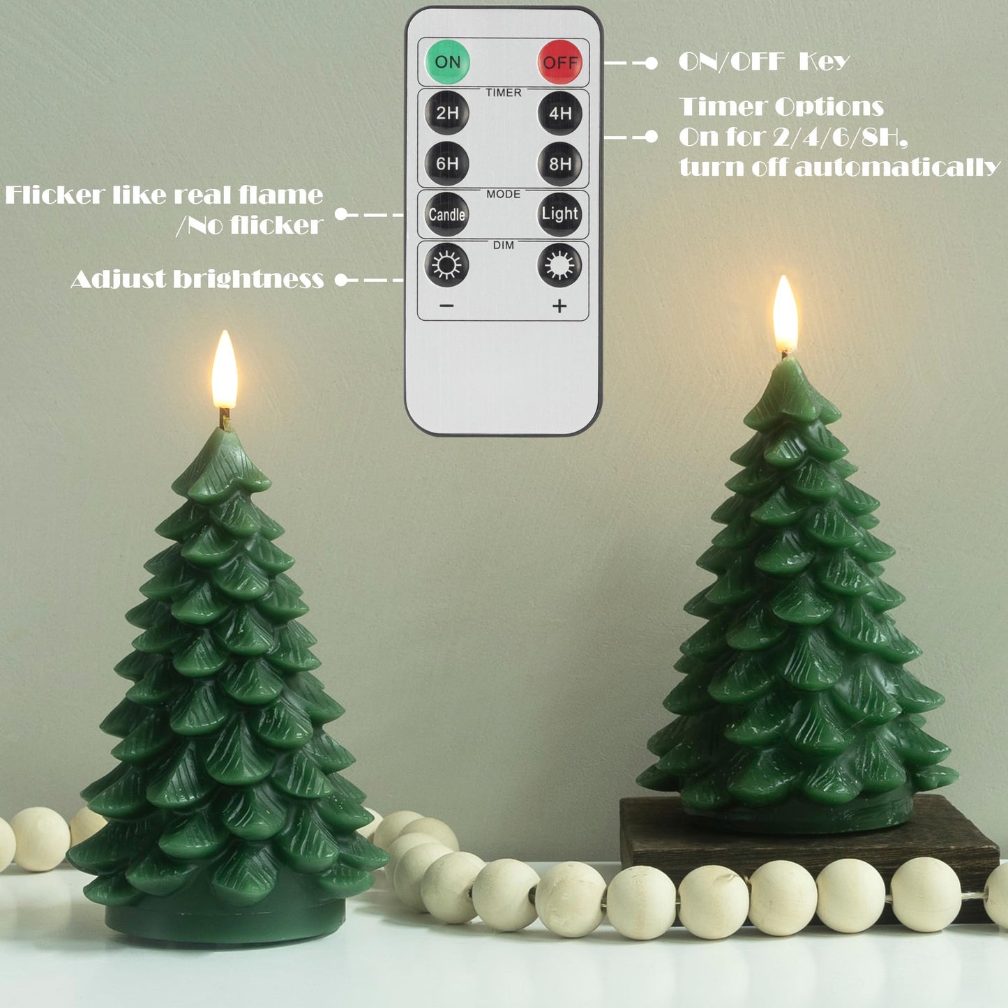 LUSHARBOR Flameless Candles with Remote Timer, 2 Pack Christmas Tree Candles Battery Operated LED Candles Real Wax Holiday Christmas Decoration for Bedroom Party Festival Gift Green