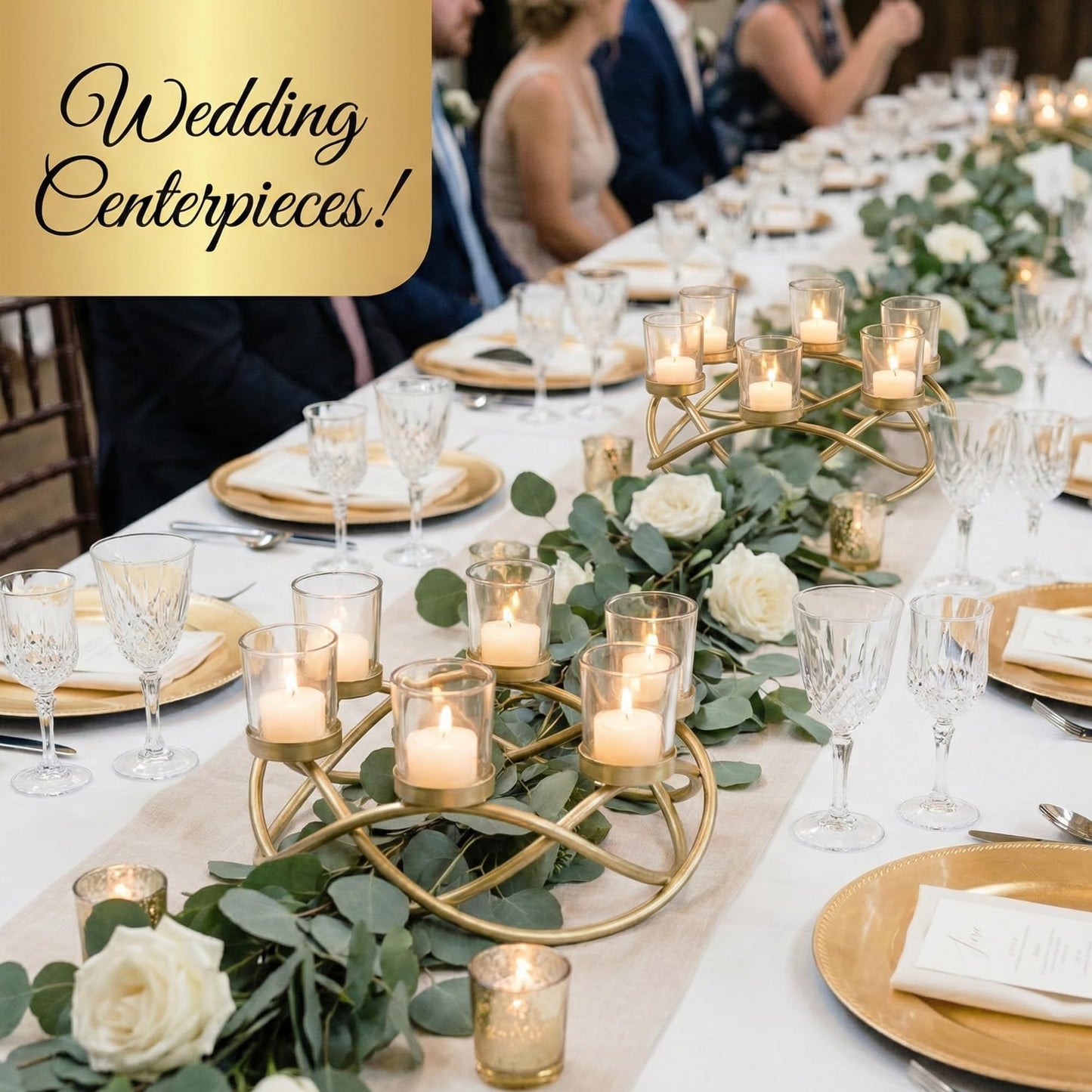 Seraphic Centerpieces for Table Decorations - Round Candle Holders for Outdoor Patio, Dining, Kitchen, Coffee & Wedding Table Decor, Gold Iron Candelabra, 6 Clear Glass Votive Tealight Cups