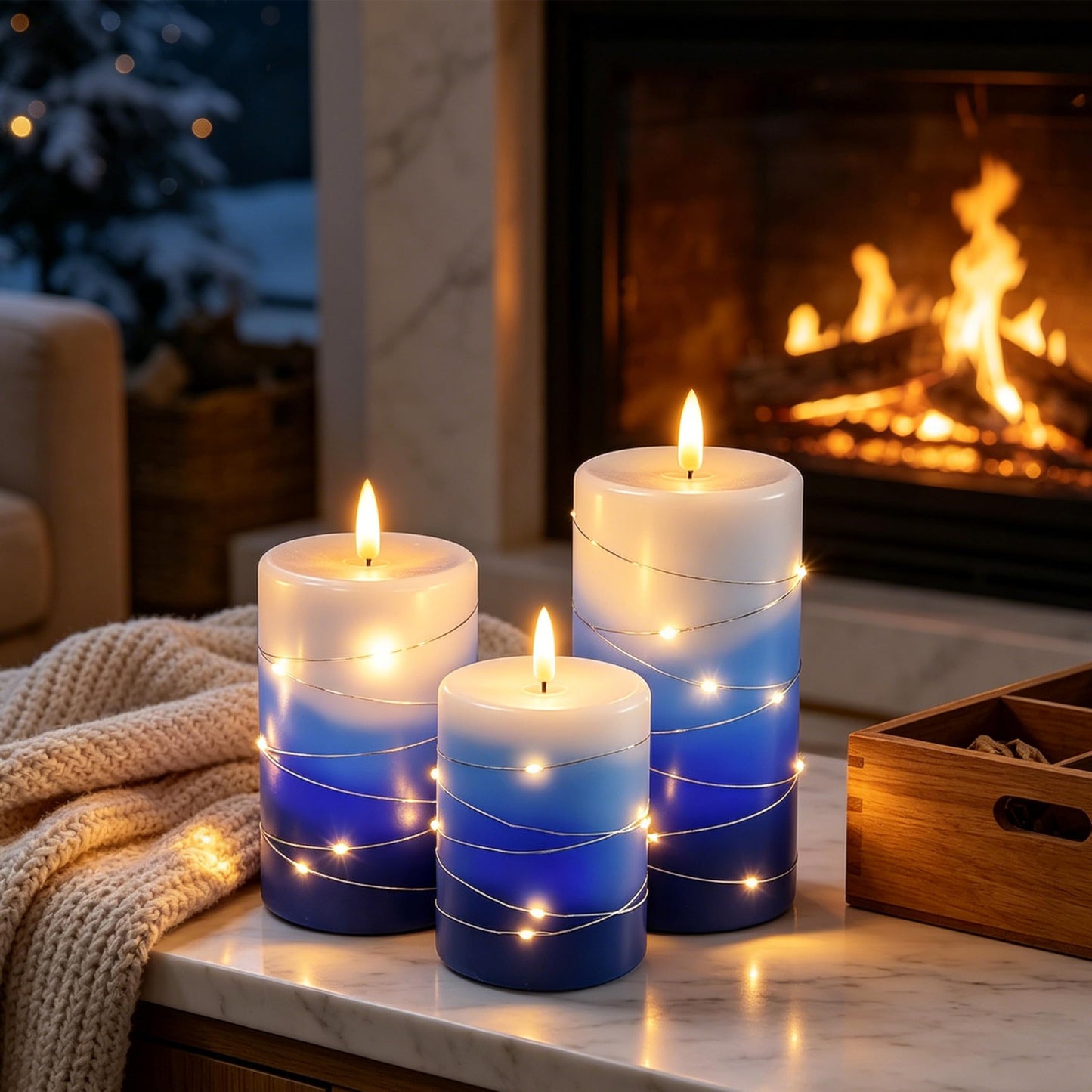 haitanghua flameless Candle Set of 3, with Fairy Light String, Remote Control Timer, Real Wax LED Candle Pillars, 3D Flame Effect, Battery Operated, Gradient Blue Home Decor Candles