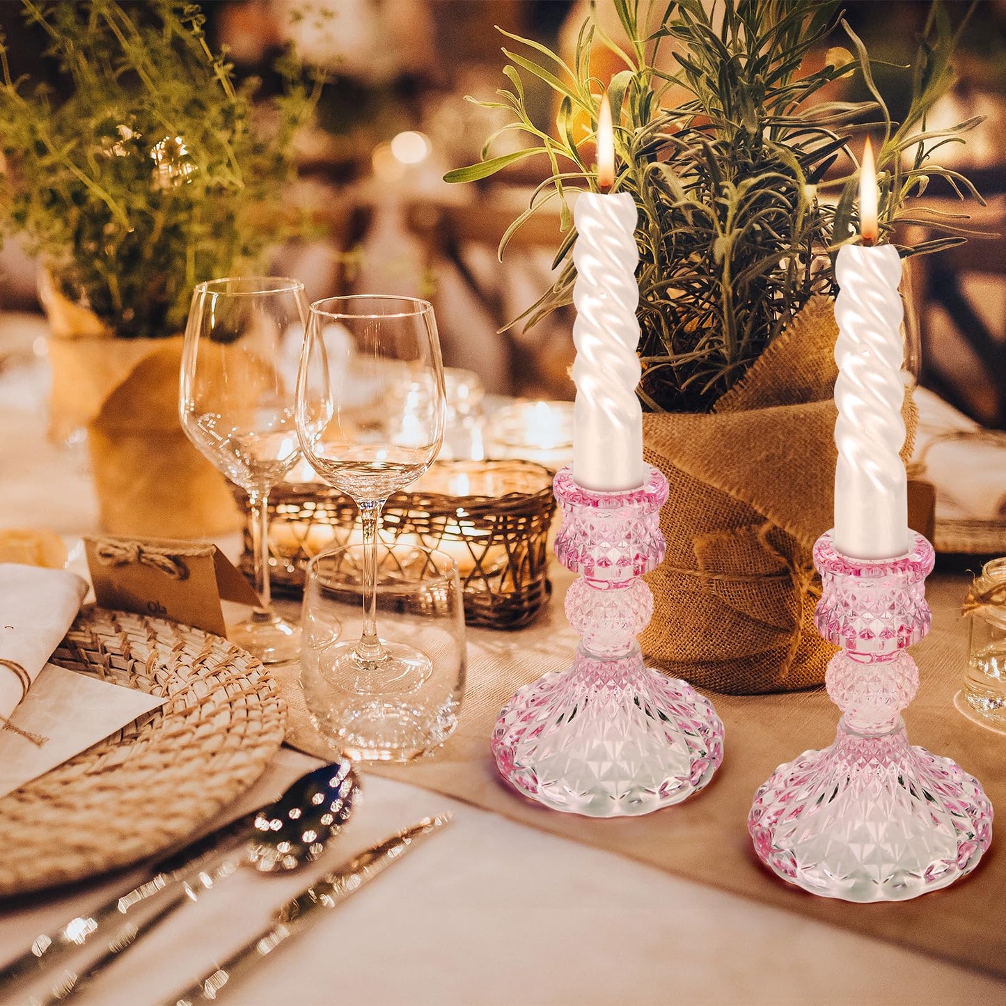 Glass Candle Holder, 2PCS Decorative Candle Sticks Pillar Candle Stand for Formal Events Wedding Party Table Centerpieces Home Decoration, Pink