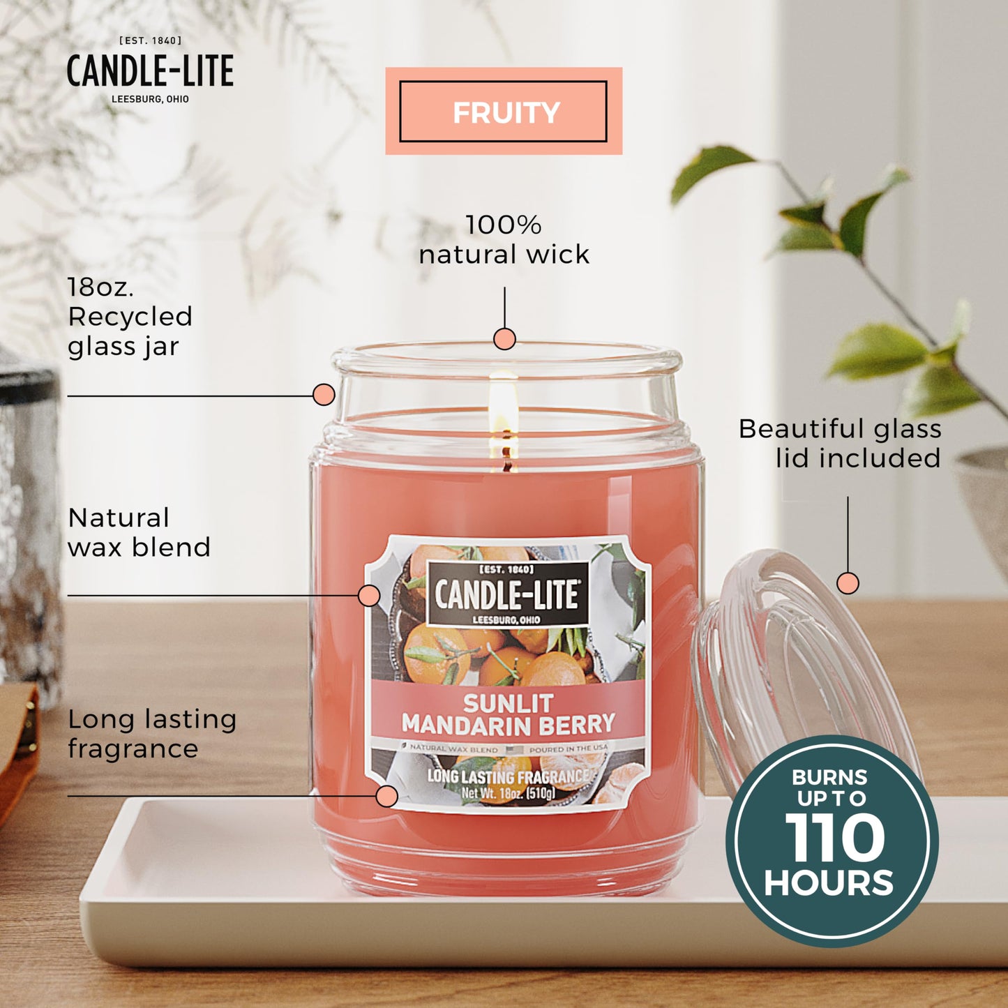 Candle-lite Scented Candles, Sunlit Mandarin Berry, 18 oz Jar, Proudly Poured in The USA, Aromatherapy Candle, Single-Wick with 110 Hours of Burn Time, Perfect for Creating a Refreshing Ambiance