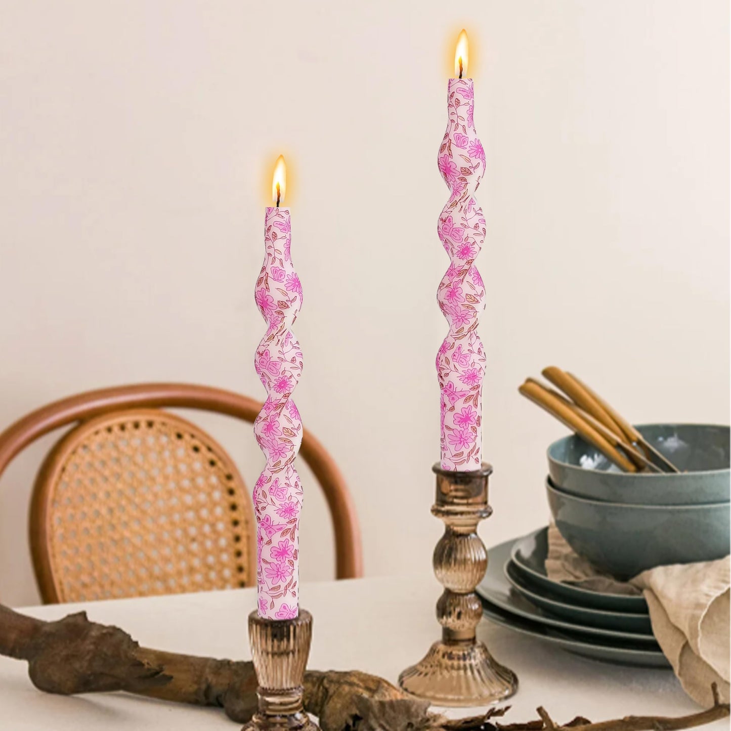 Candle Spiral Candles Pink Flowers Taper Candlesticks 10 in Pink Twisted 2 PCS Unscented Tapered Floral Candle for Home Wedding Dinner Holiday Party