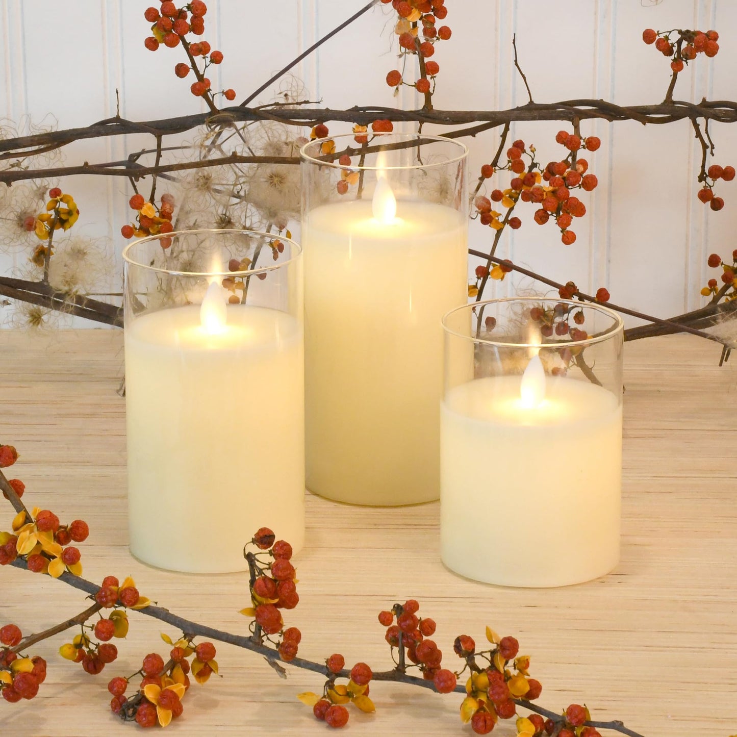 LumaBase Battery Operated Glass Hurricane LED Candles with Flickering Flame - Set of 3