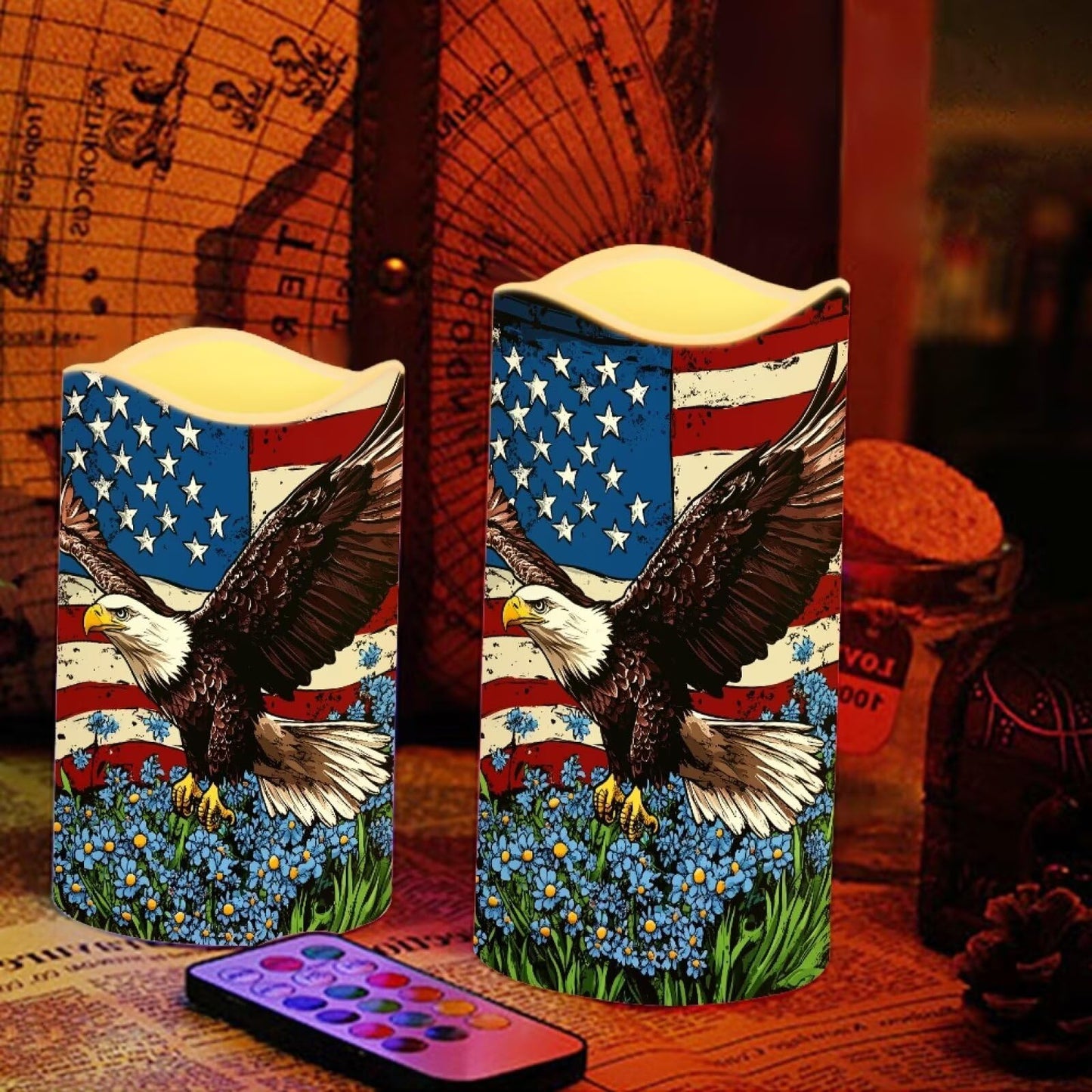 Uorisanigo USA Eagle Flag Floral Plastic Flameless Candles with Remote Control and Timer LED Flickering Battery Electric Pillar Candles for Table Patriotic Decoration