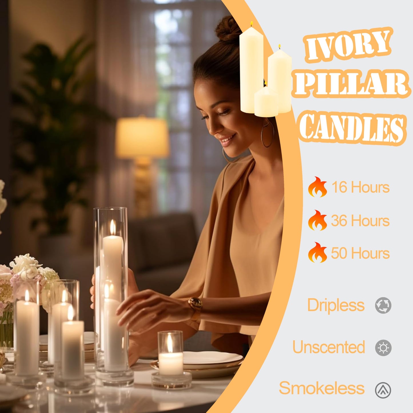Veiuwa 36 Pcs Ivory Pillar Candles Bulk Set，2x3 2x6 2x8 Inch - 12 Each Size，Hurricane Candles，Dripless Unscented Smokeless，Gives You a Better Atmosphere When Organizing Wedding or Event Party.