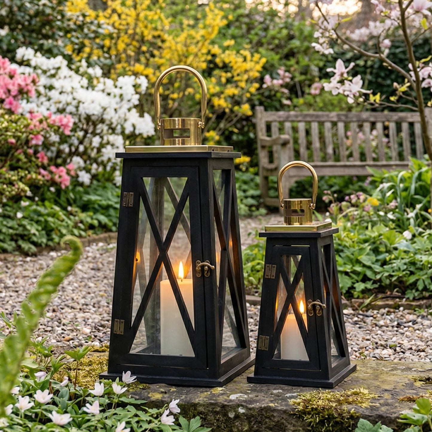 TRIROCKS Set of 2 Farmhouse Wood Candle Lantern 22'' &15.5'' H Decorative Candle Holders with Tempered Glass Rustic Hanging Lantern for Garden Patio Wedding Parties Indoor Outdoor(Black Trapezoid)