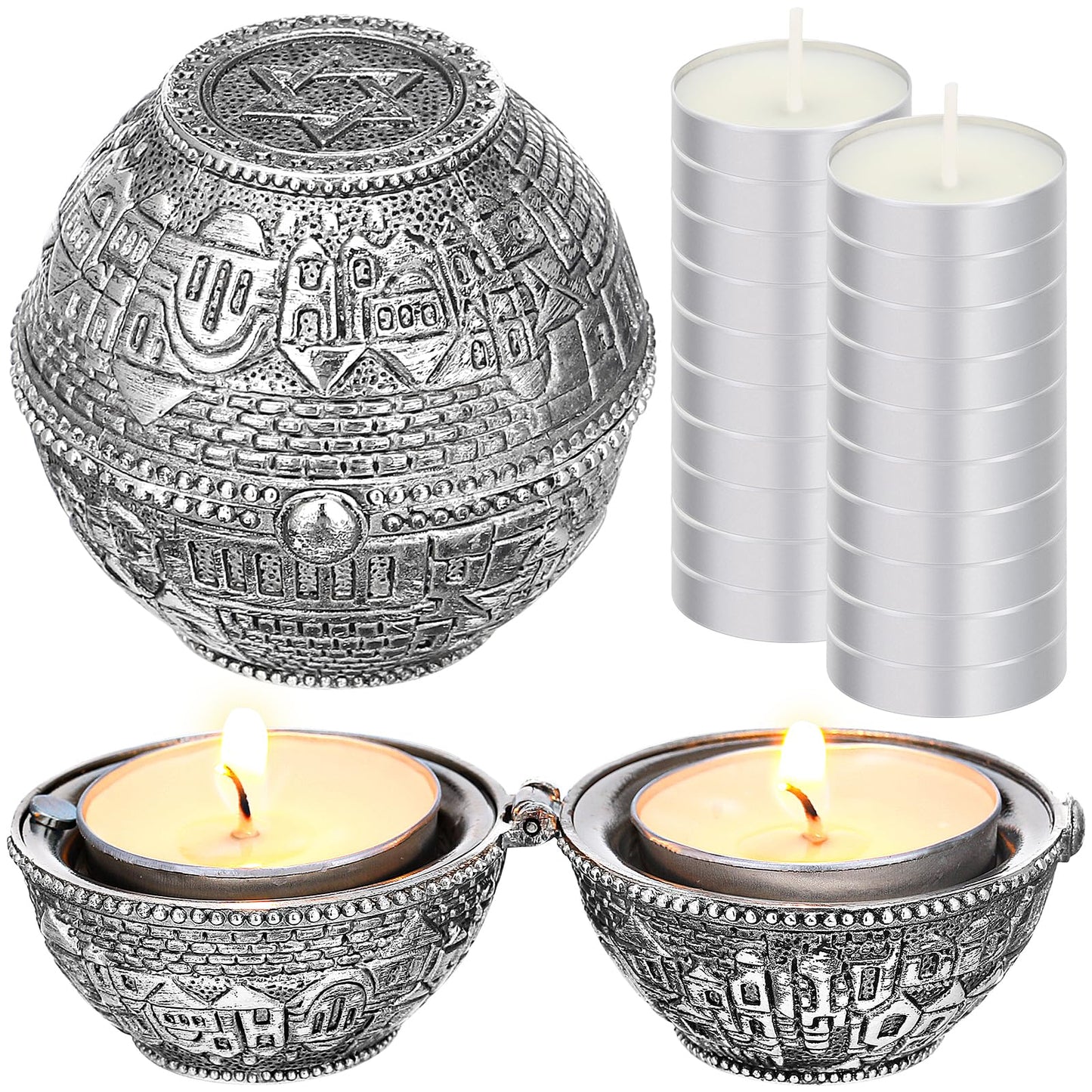Skybooly Jewish Shabbat Metal Travel Candle Holders Silver Travel Size Jerusalem Candlesticks with 10 Pcs Mini Tealight Candles Small White Votive Tea Lights Candles Unscented Set for Home Shabbat