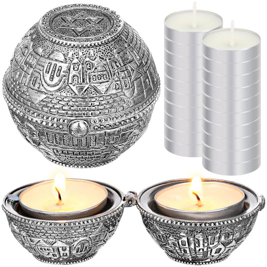 Skybooly Jewish Shabbat Metal Travel Candle Holders Silver Travel Size Jerusalem Candlesticks with 10 Pcs Mini Tealight Candles Small White Votive Tea Lights Candles Unscented Set for Home Shabbat